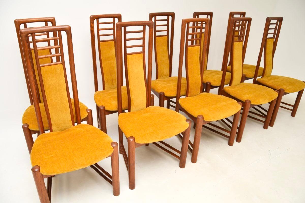 A stunning set of ten Danish vintage teak dining chairs, made by Boltinge and dating from the 1970-80’s.

They are of superb quality, with beautifully constructed solid teak frames. They have a stylish and practical design, they are very comfortable