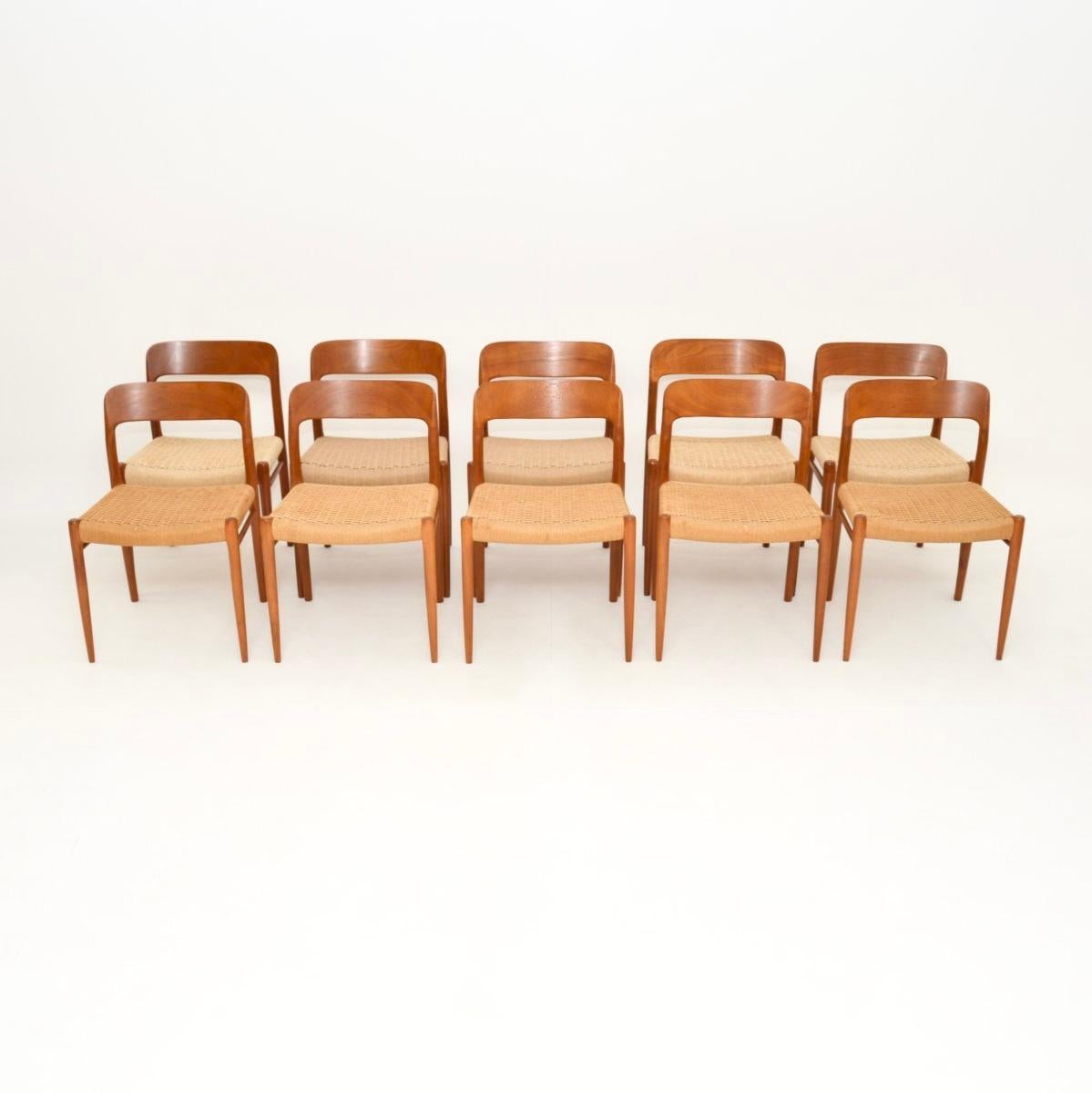 A fantastic set of ten Danish vintage teak model 75 dining chairs by Niels Moller. They were made in Denmark, they date from the 1960’s.

The quality is outstanding, they are beautifully designed and are also very comfortable. The teak frames have a