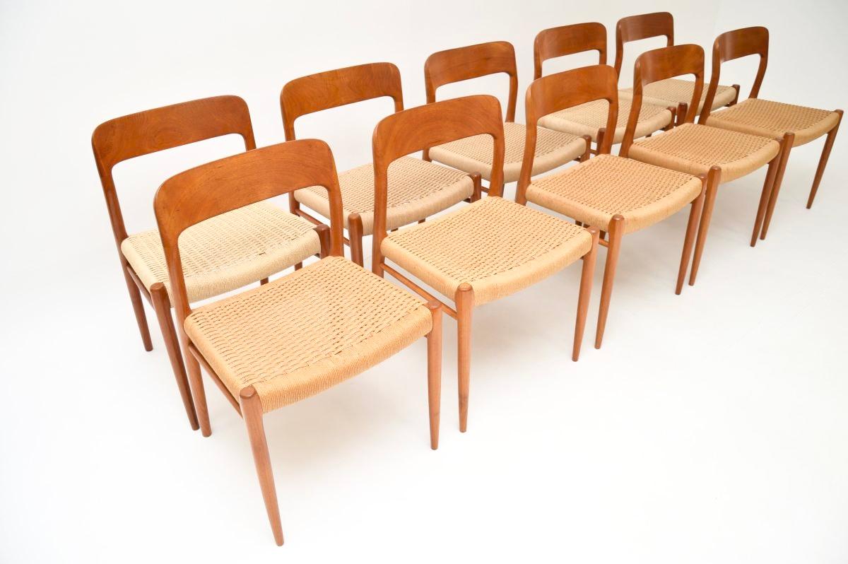 Mid-Century Modern Set of Ten Danish Vintage Teak Model 75 Dining Chairs by Niels Moller