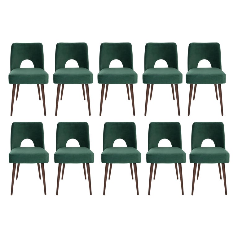 Set of Ten Dark Green Velvet 'Shell' Chairs, 1960s For Sale