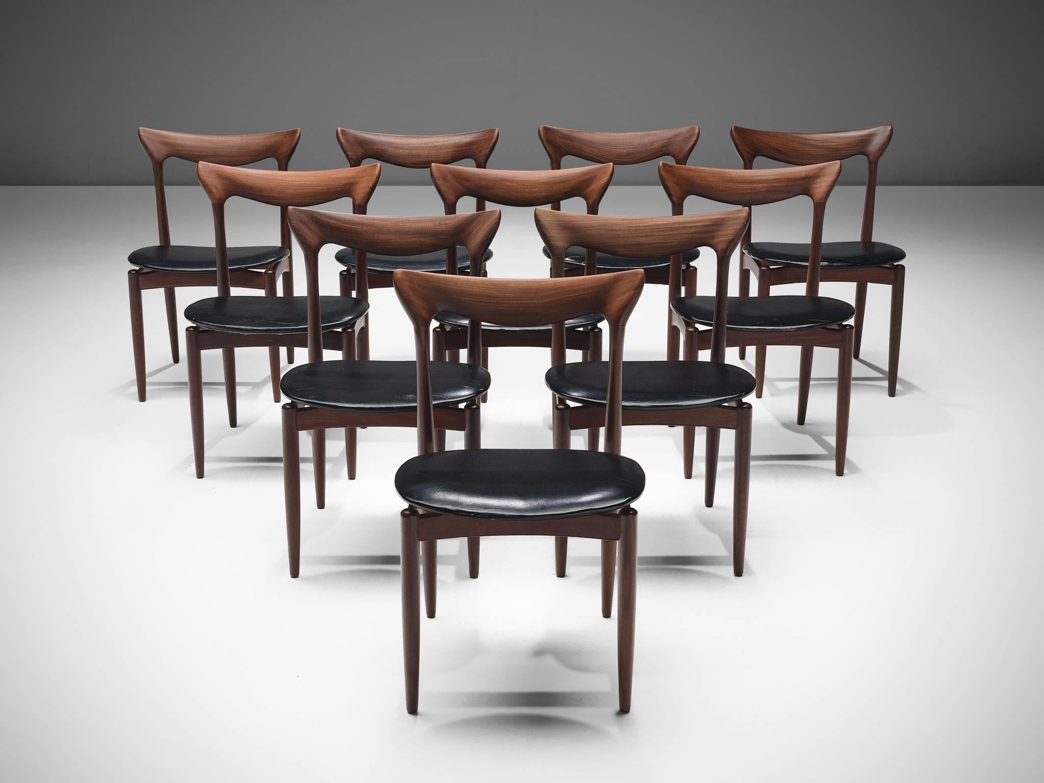 H.W. Klein, set of ten dining chairs, mahogany, black leather, Denmark, 1960s.

This large set of chairs is designed by H.W. Klein for Bramin. The frame is made of mahogany. The use of this warm, noble wood is especially visible in the back. The