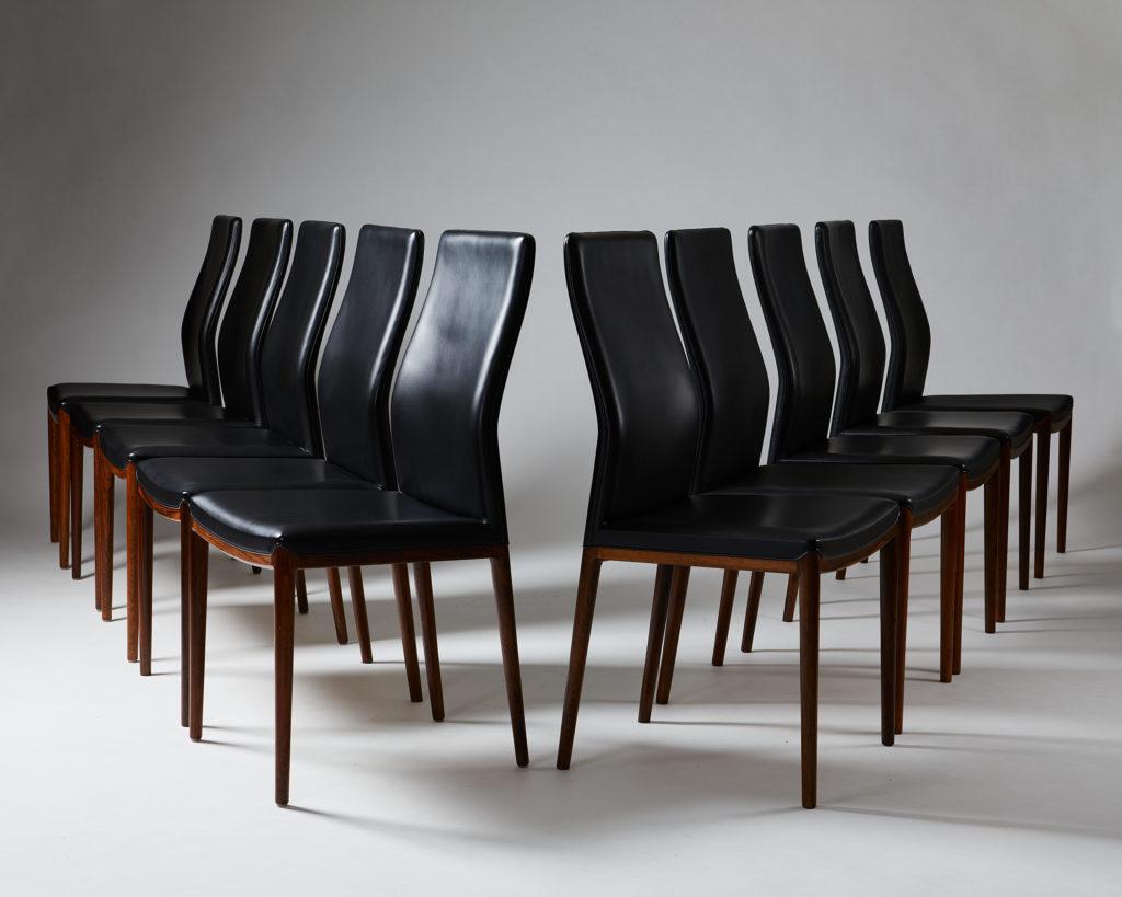 Denmark, 1963.

Set of dining chairs in rosewood and black leather.

Measures: H 95 cm/ 37 1/2