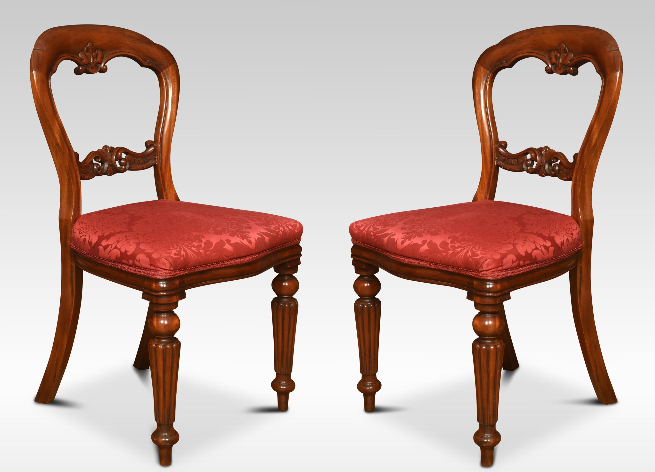 Set of ten mahogany dining chairs the carved shaped backrests to the overstuffed upholstered seats and serpentine front rail. Raised on turned reeded supports.
Dimensions
Height 35 Inches height to seat 19 Inches
Width 19 Inches
Depth 21.5