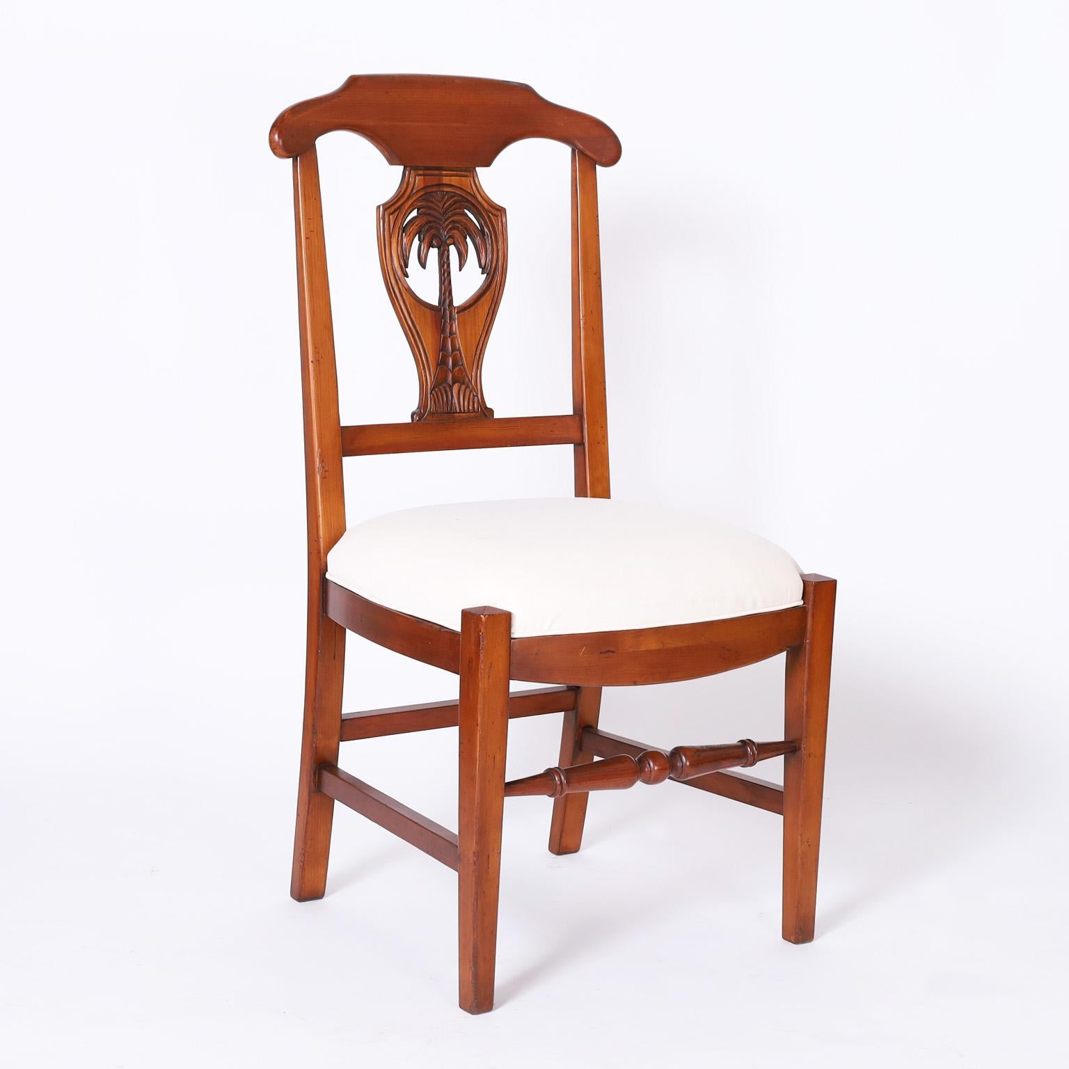 Colonial Revival Set of Ten Dining Chairs with Carved Palm Trees