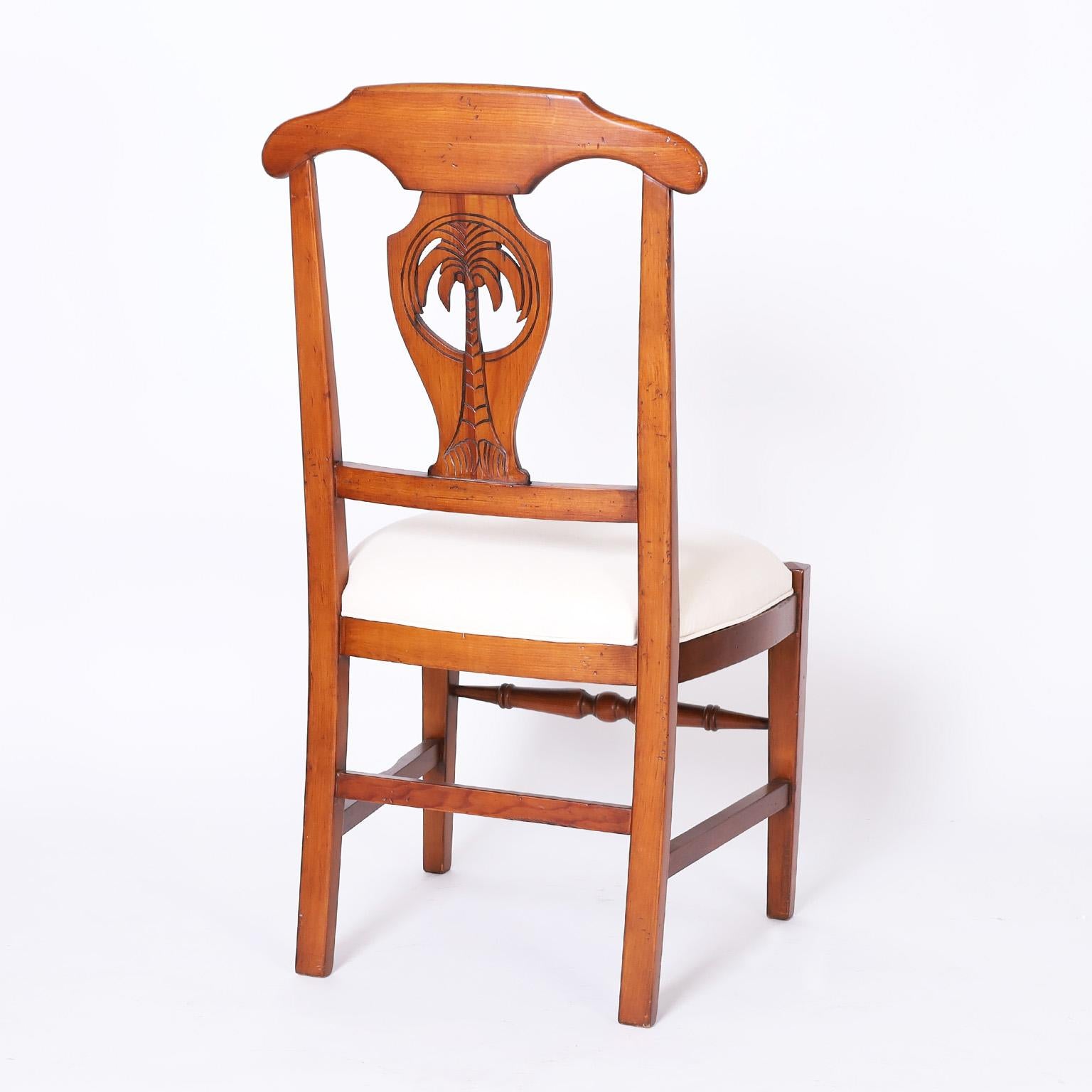 Hand-Carved Set of Ten Dining Chairs with Carved Palm Trees