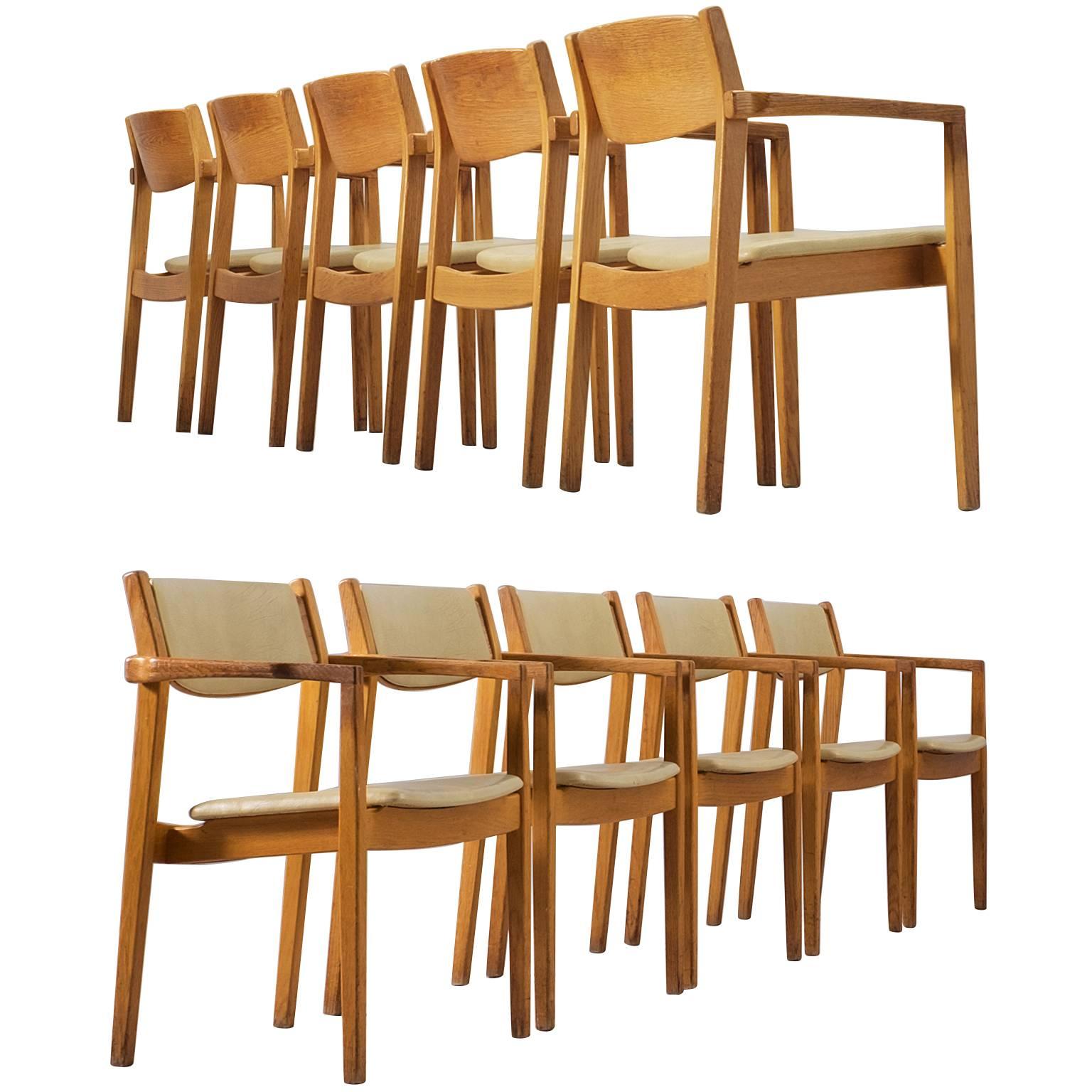 Set of Ten Dining Room Chairs in Solid Oak 
