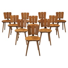 Set of Ten Dutch Rustic Dining Chairs in Stained Wood and Cast Iron