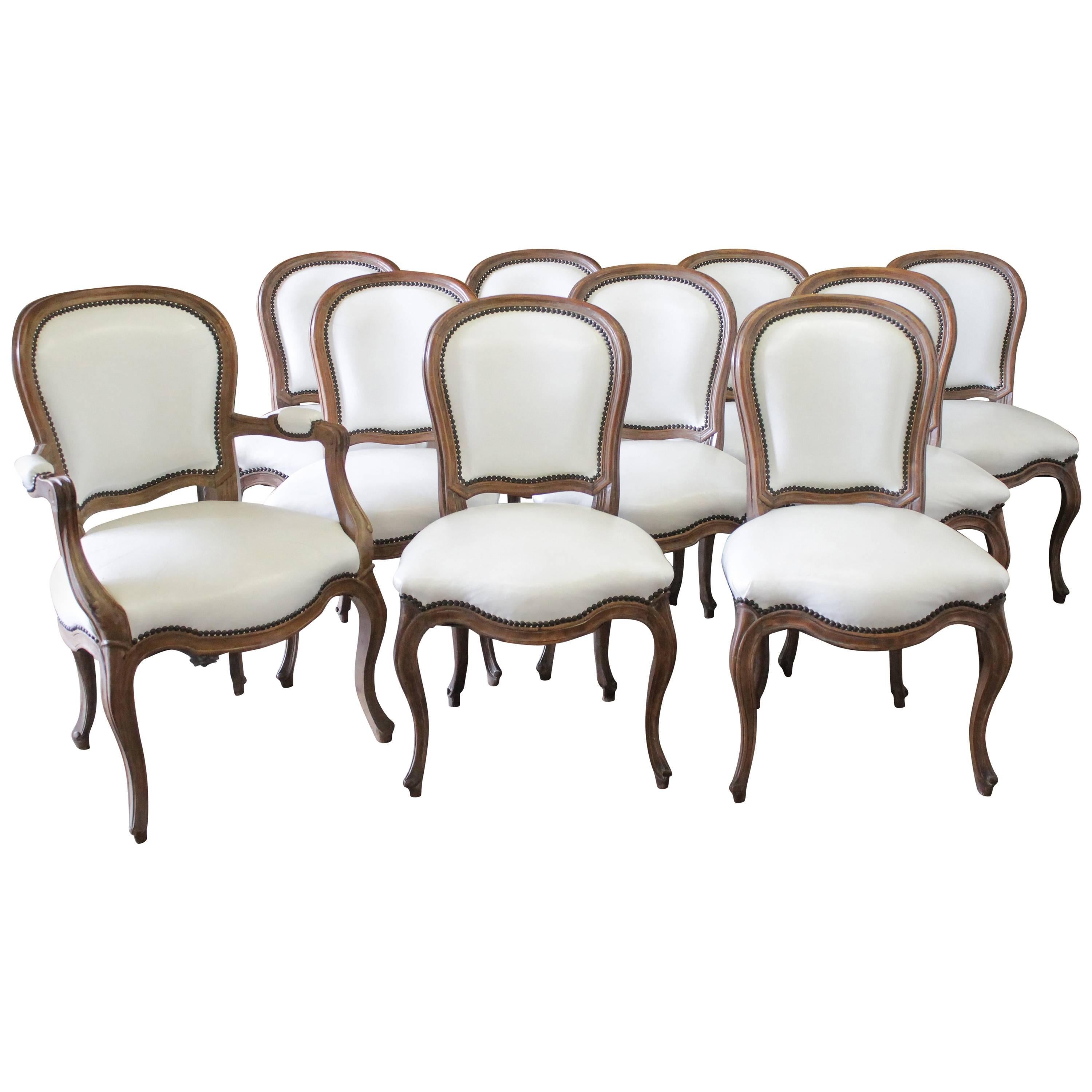 Set of Ten Early 20th Century Louis XV Style Dining Chairs in White Leather