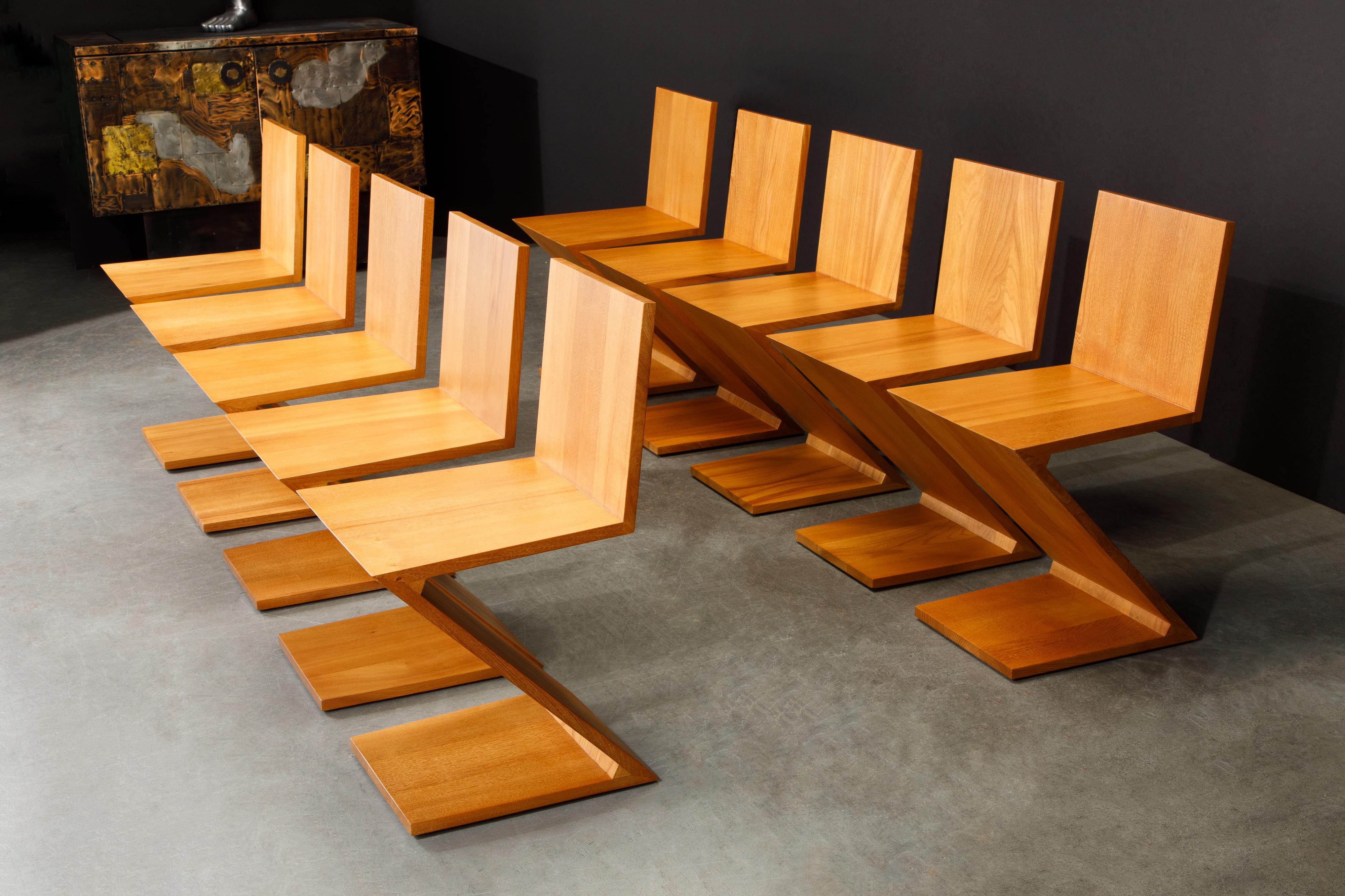 Set of Ten Early 'Zig Zag' Chairs by Gerrit Rietveld for Cassina, 1973, Signed In Excellent Condition For Sale In Los Angeles, CA