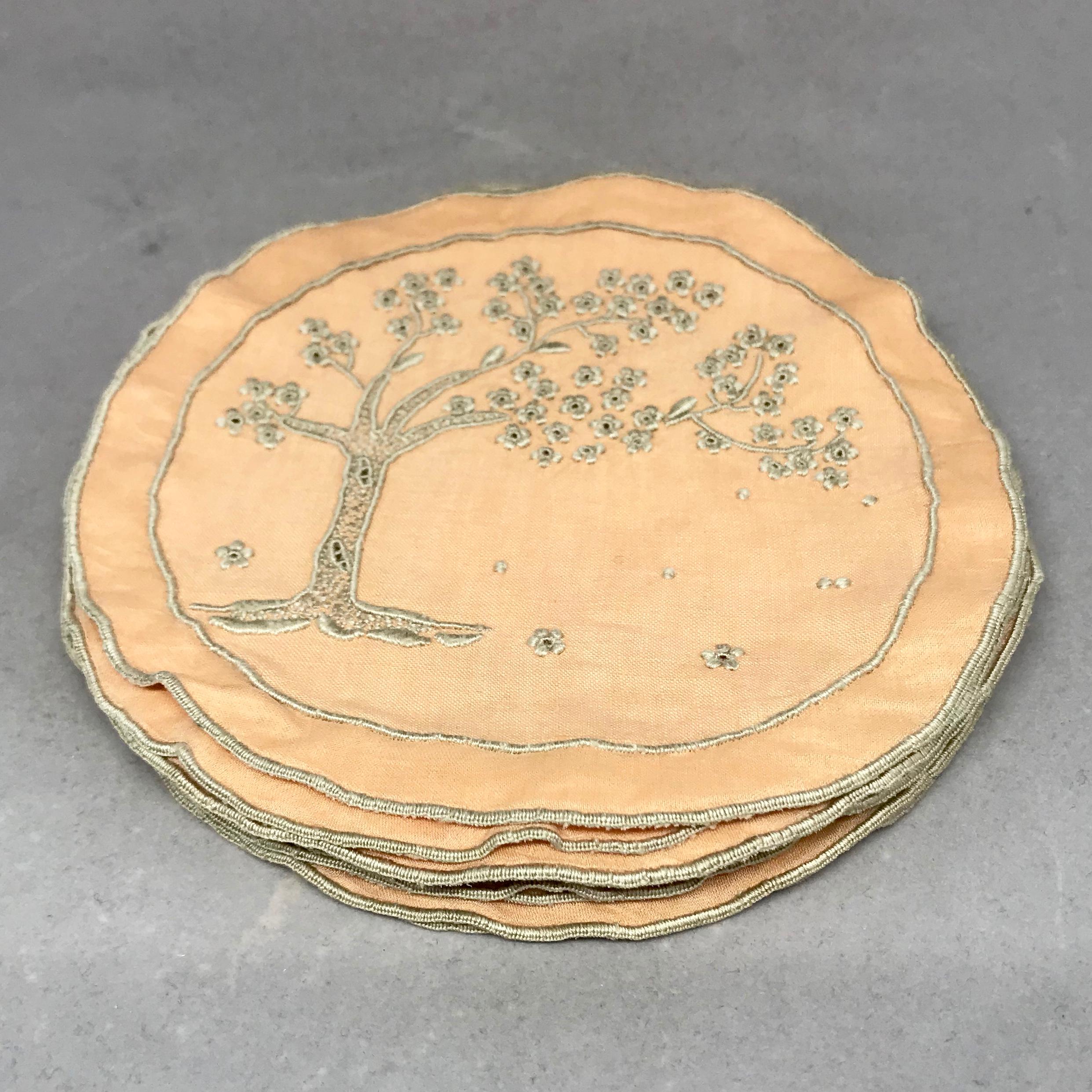 English Set of Ten Embroidered Tree of Life Coasters