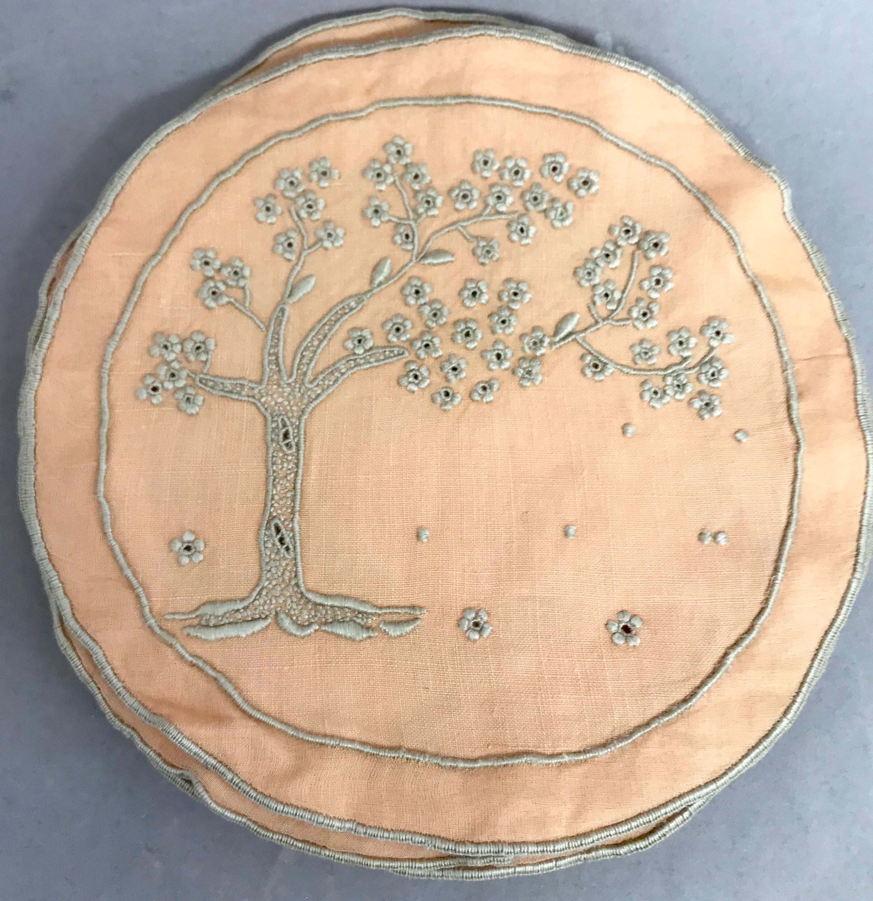Set of Ten Embroidered Tree of Life Coasters In Good Condition In New York, NY