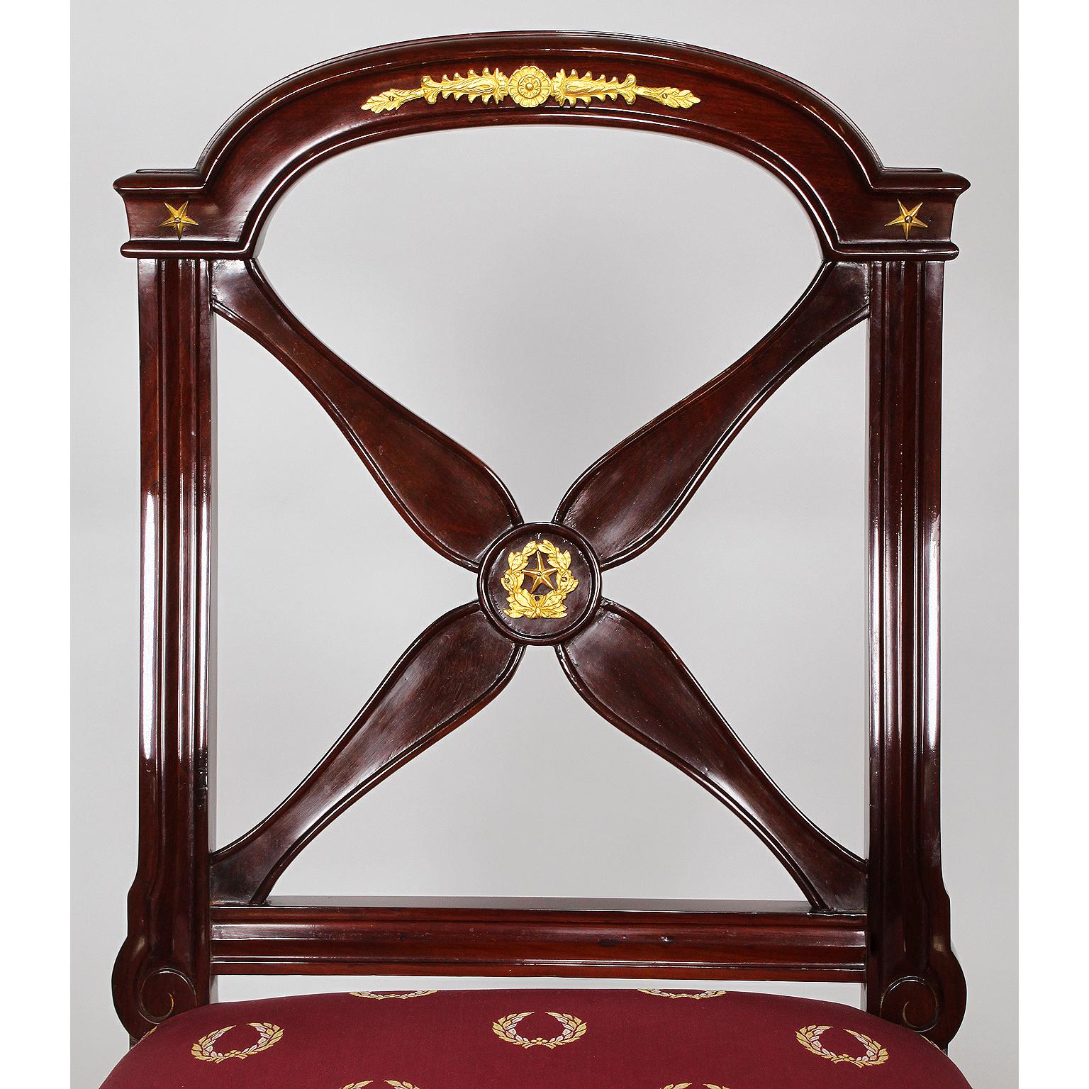 French Set of Ten Empire Style Mahogany & Gilt-Bronze Mounted Dining Chairs, Jeanselme