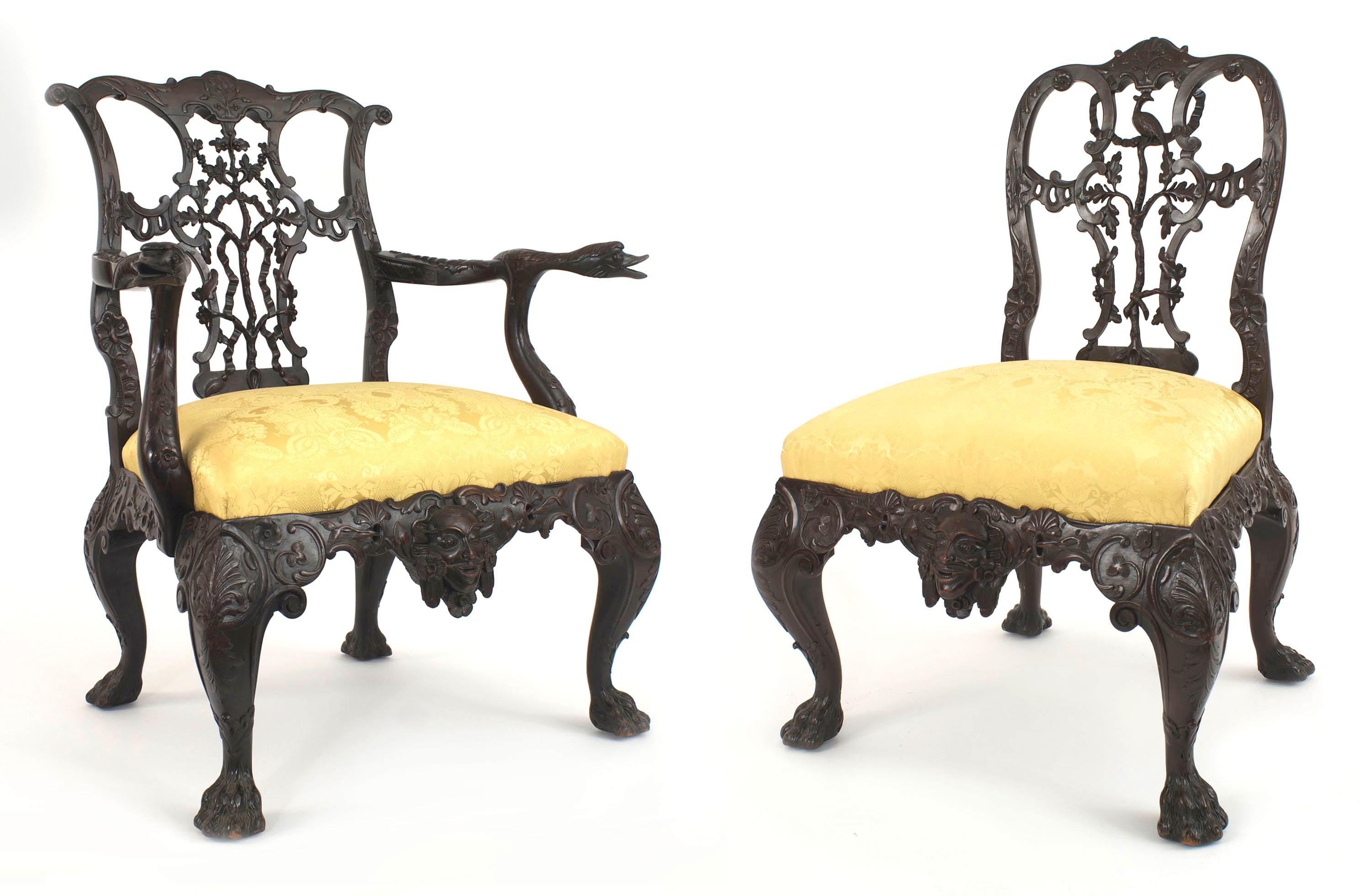Set of 10 English Chippendale style (19th Cent) mahogany ribbon back chairs with bird design and hairy paw feet (2 arm chairs: 33