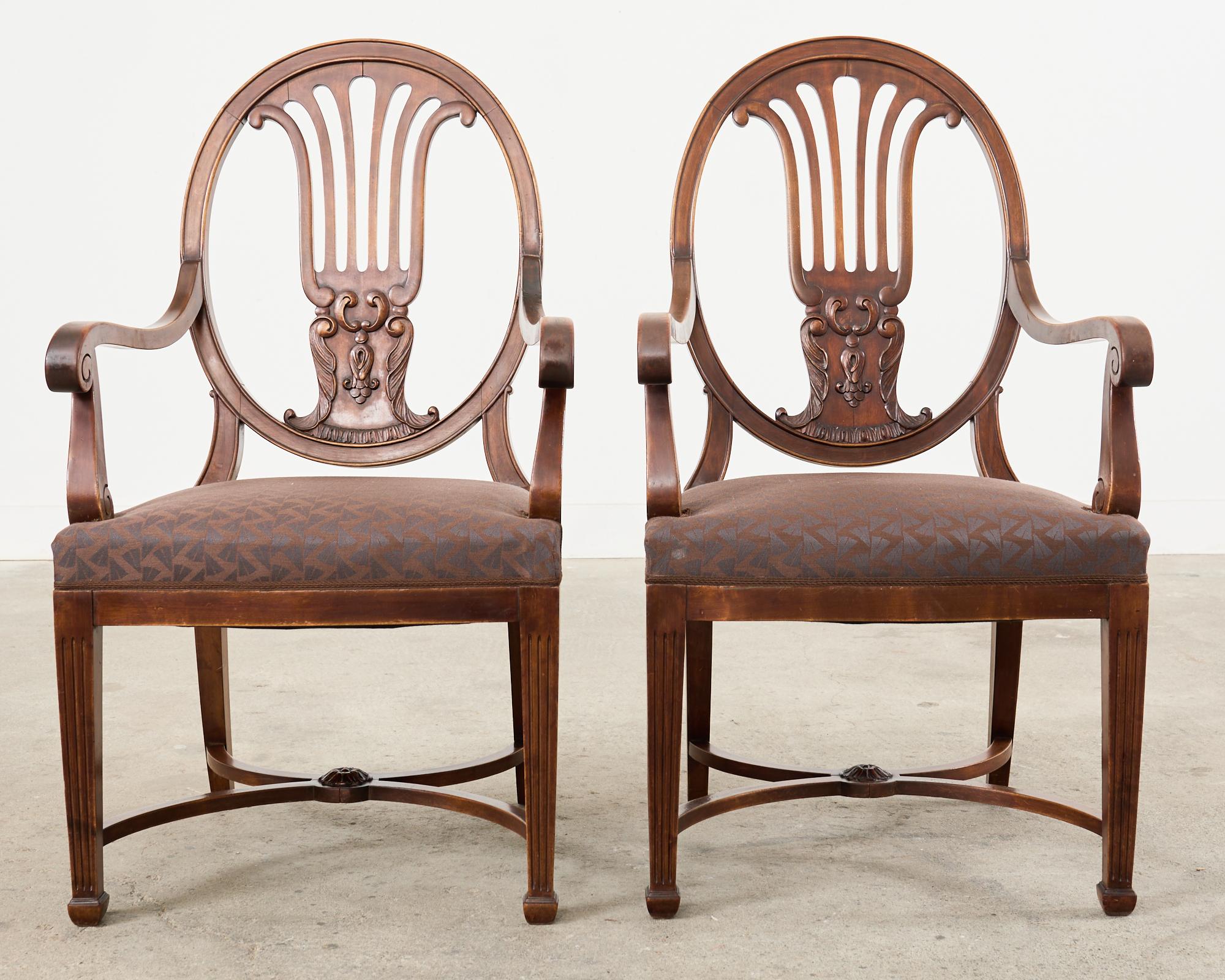Set of Ten English Hepplewhite Style Walnut Dining Chairs In Fair Condition For Sale In Rio Vista, CA