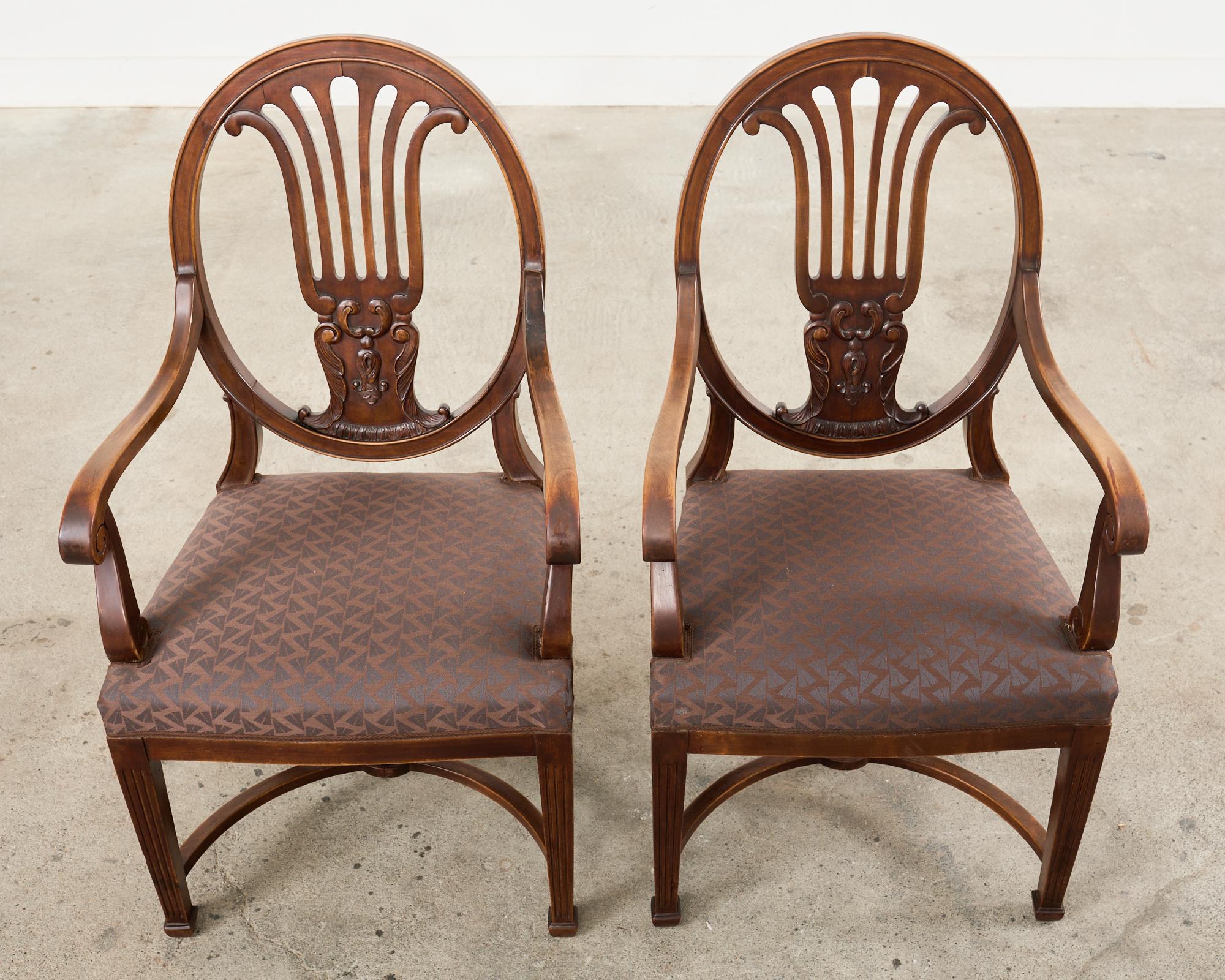 Fabric Set of Ten English Hepplewhite Style Walnut Dining Chairs For Sale