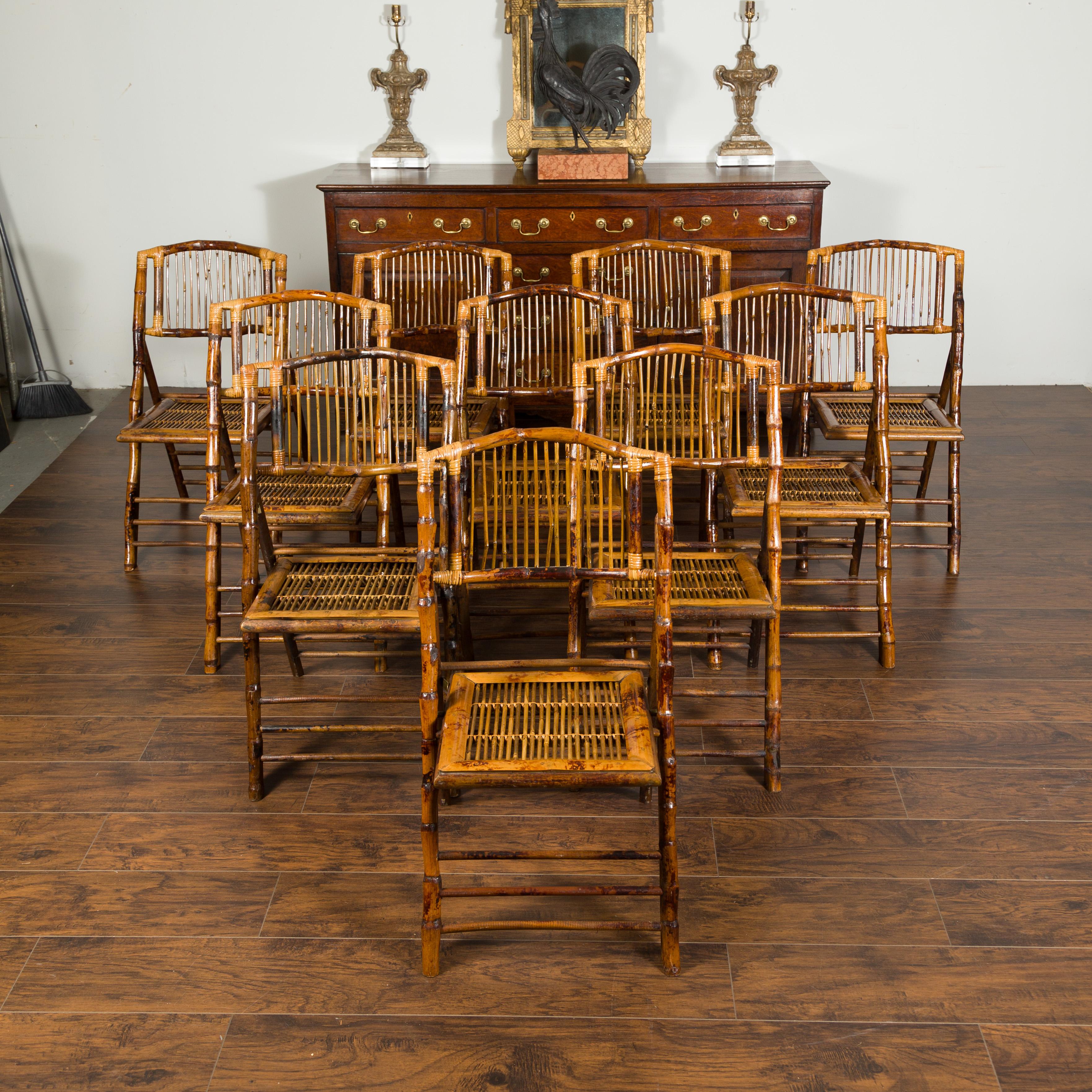 Set of Ten English Midcentury Bamboo Folding Side Chairs with Slatted Backs In Good Condition In Atlanta, GA