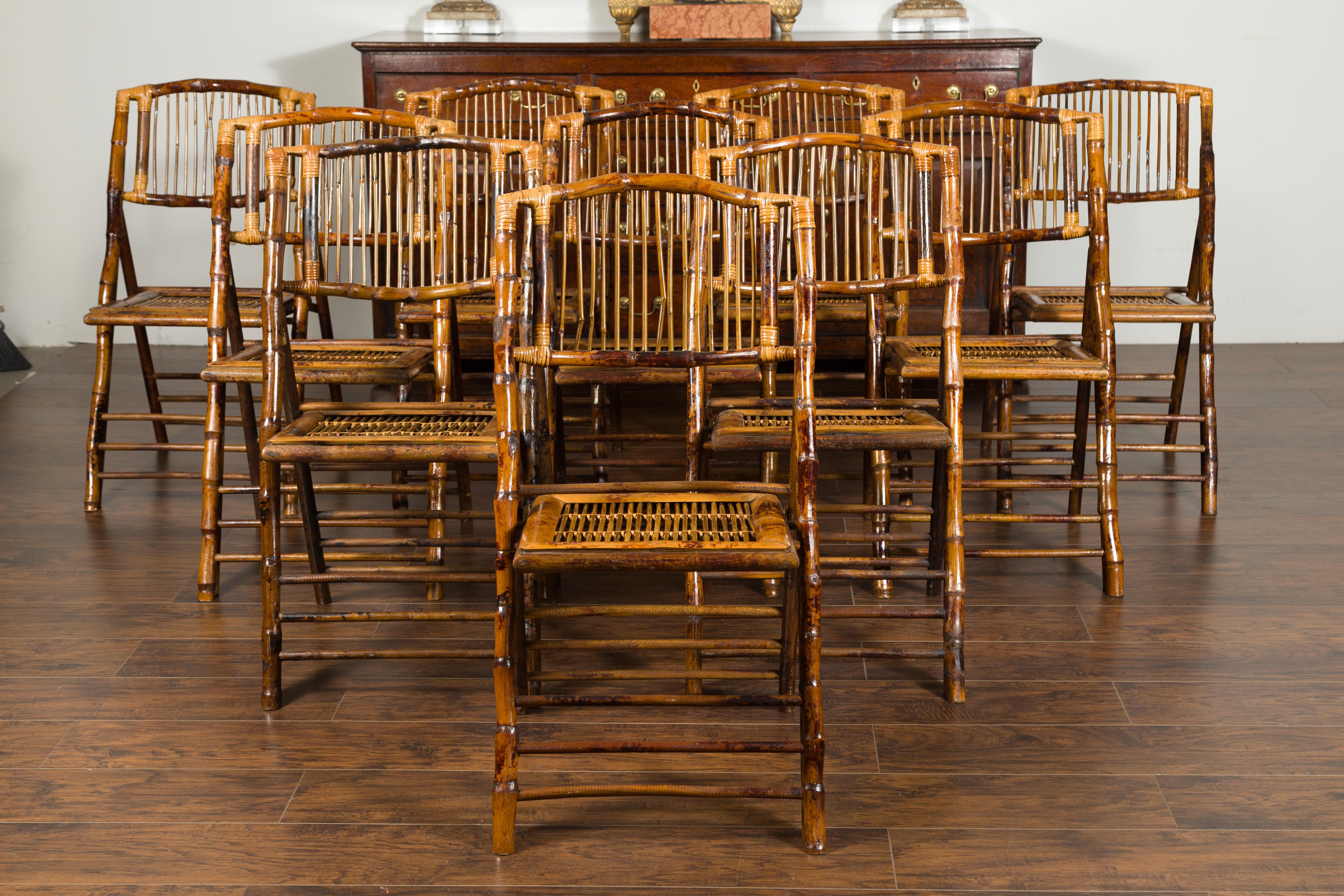 Set of Ten English Midcentury Bamboo Folding Side Chairs with Slatted Backs 1