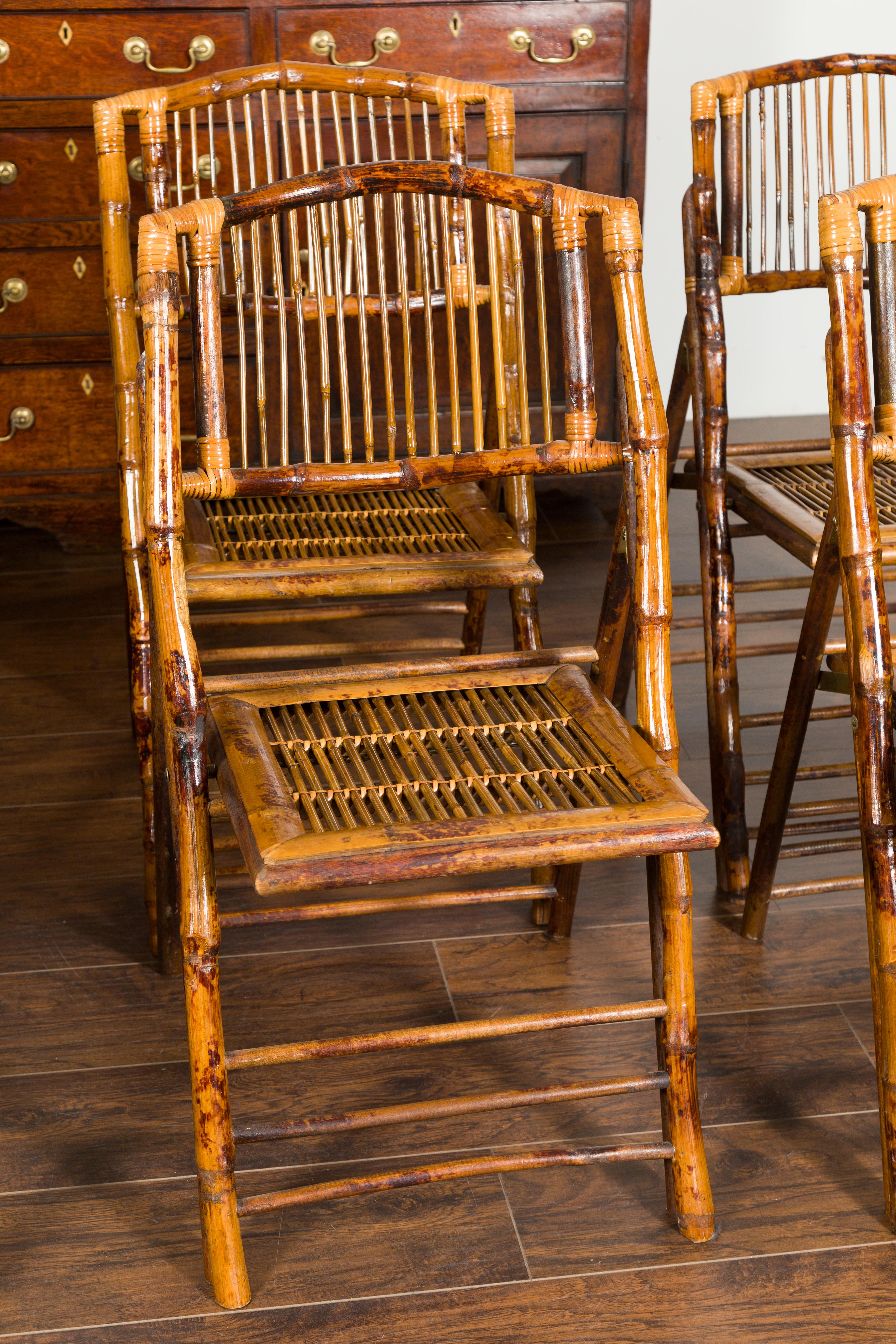 Set of Ten English Midcentury Bamboo Folding Side Chairs with Slatted Backs 5