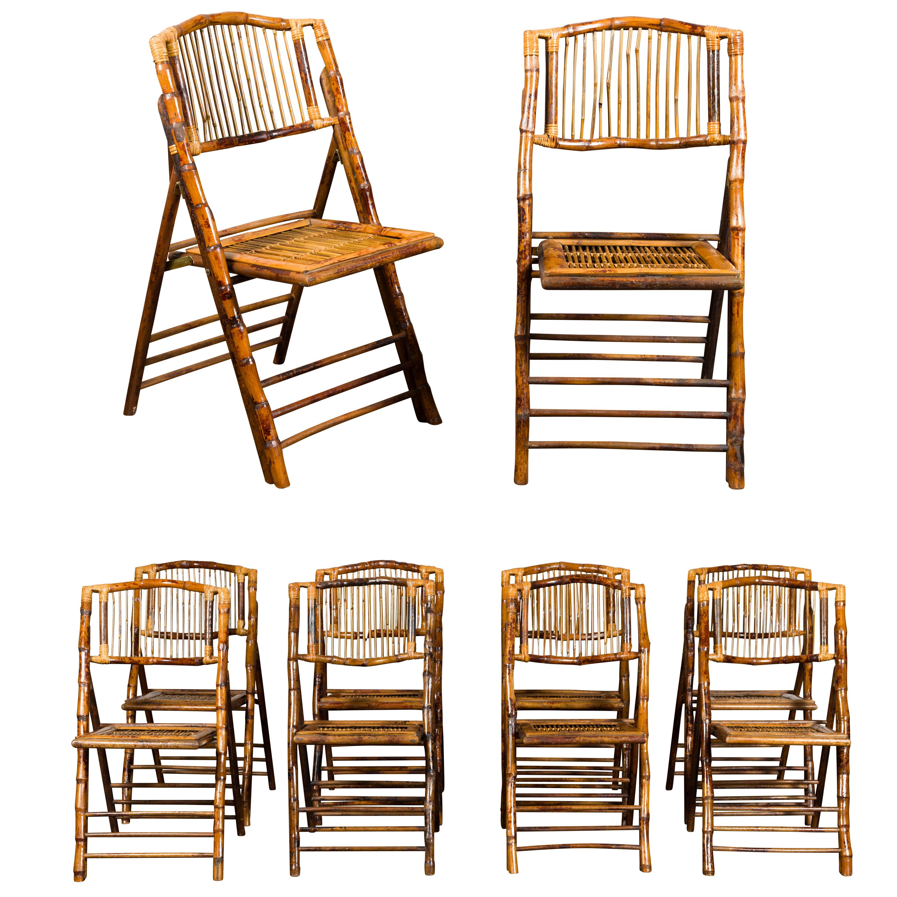 Set of Ten English Midcentury Bamboo Folding Side Chairs with Slatted Backs