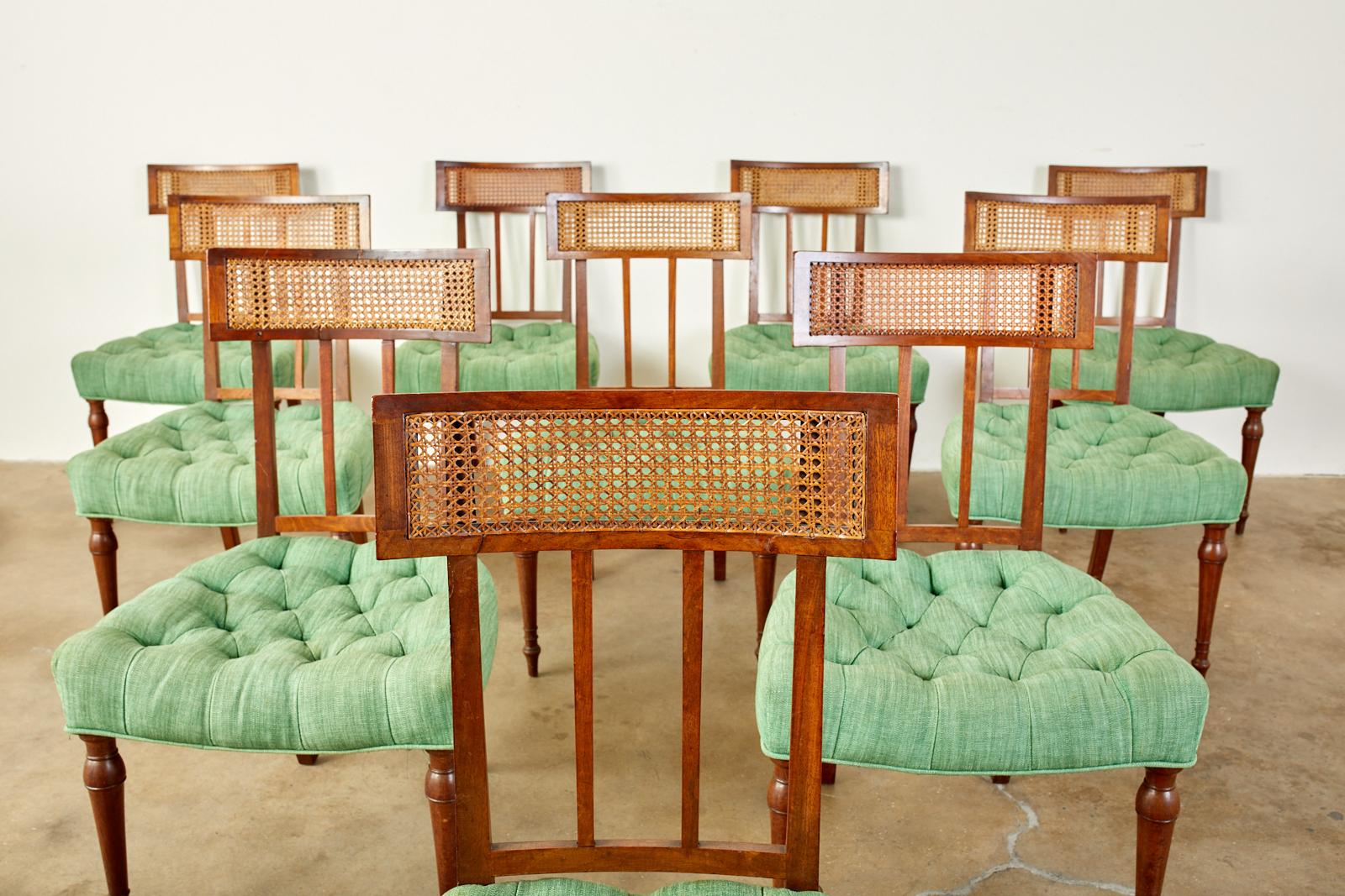 Linen Set of Ten English Regency Mahogany Caned Dining Chairs