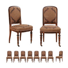 Antique Set of Ten English Carved Wood & Upholstered Dining Chairs, Early 20th C.