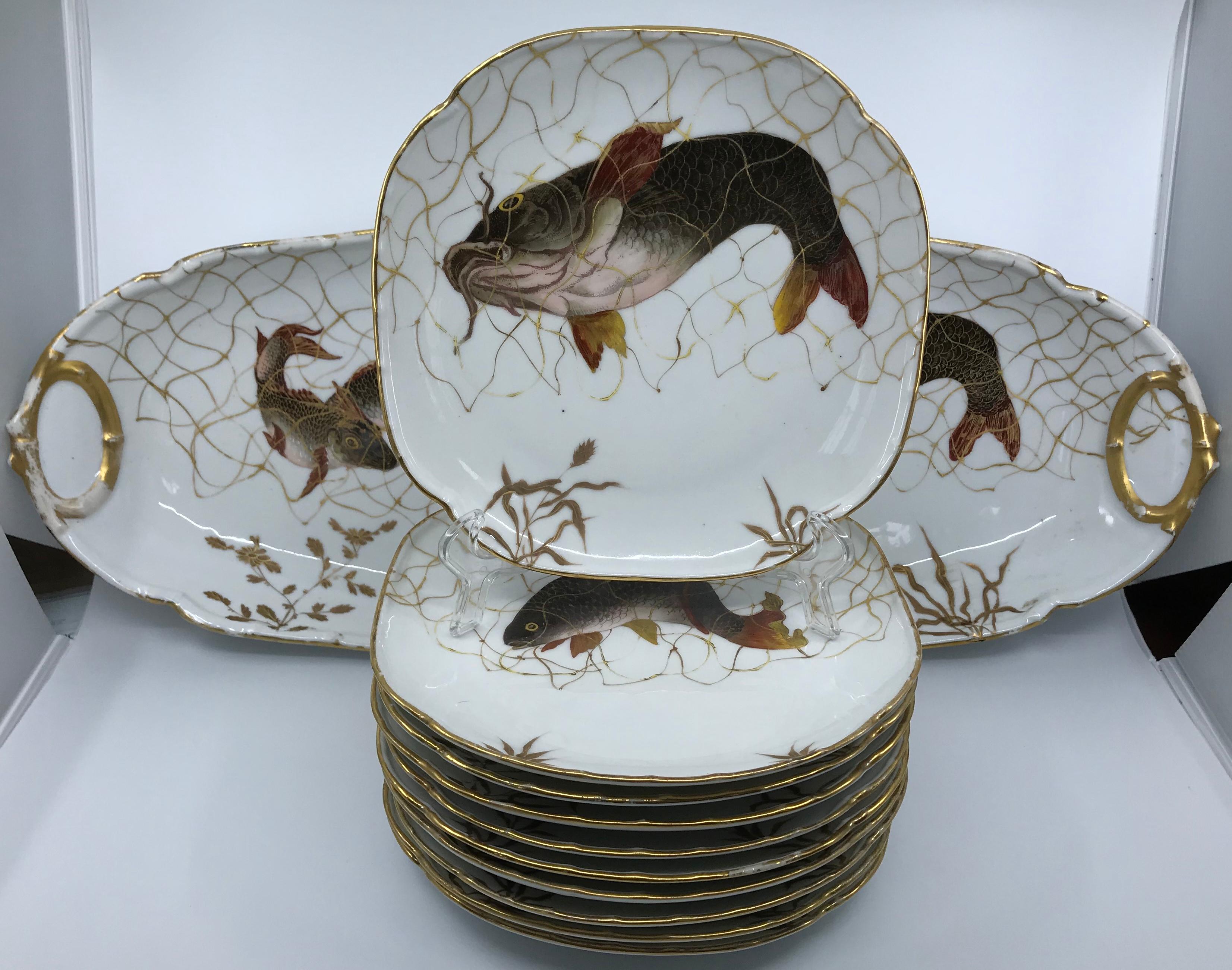 Set of Ten Limoges French Aesthetic Movement Fish Plates and Platter For Sale 8