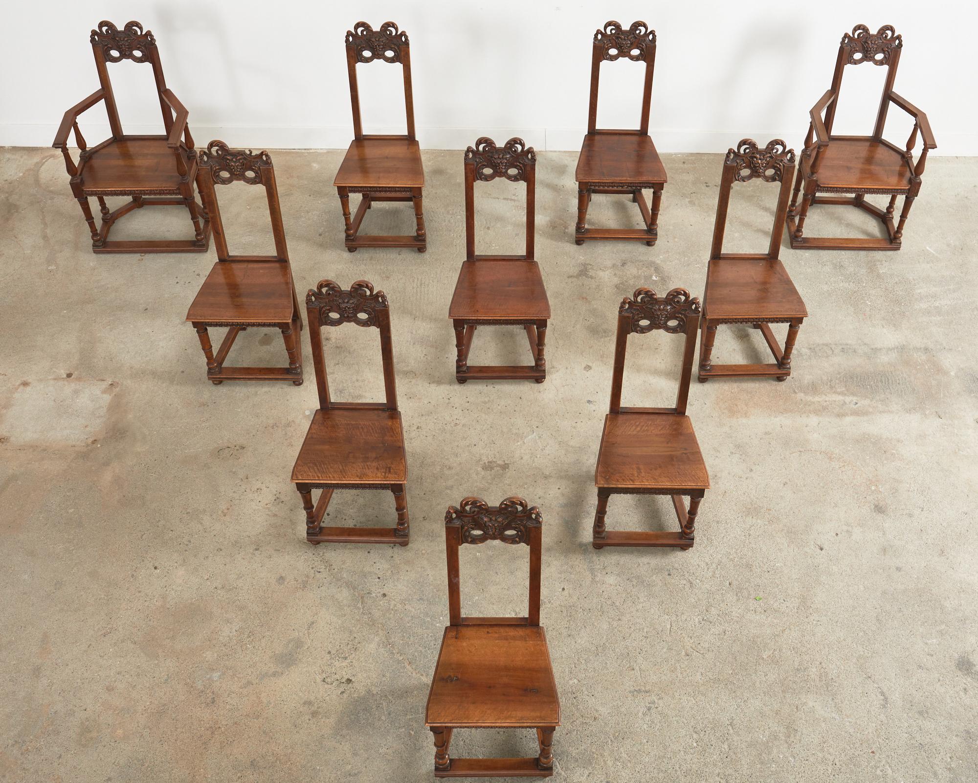 Hand-Carved Set of Ten French Baroque Style Walnut Masked Dining Chairs For Sale