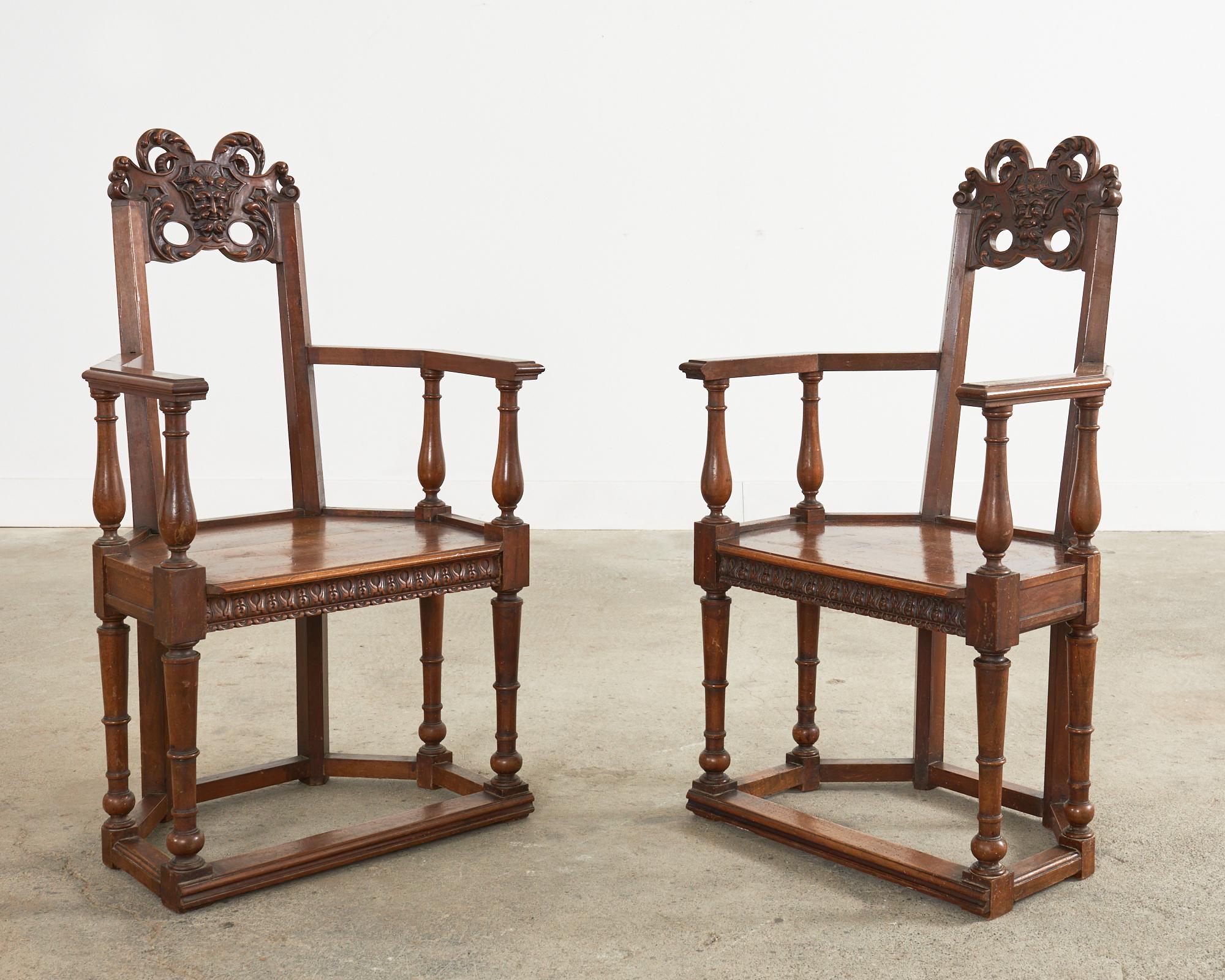 Set of Ten French Baroque Style Walnut Masked Dining Chairs In Good Condition For Sale In Rio Vista, CA