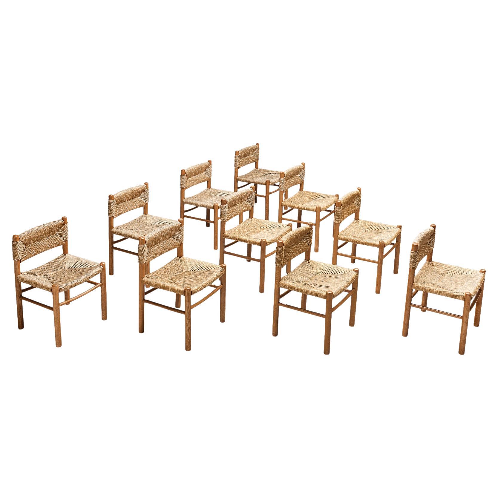 Set of Ten French Dining Chairs in Oak and Straw