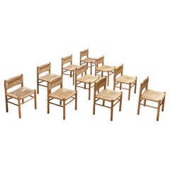 Set of Ten French Dining Chairs in Oak and Straw