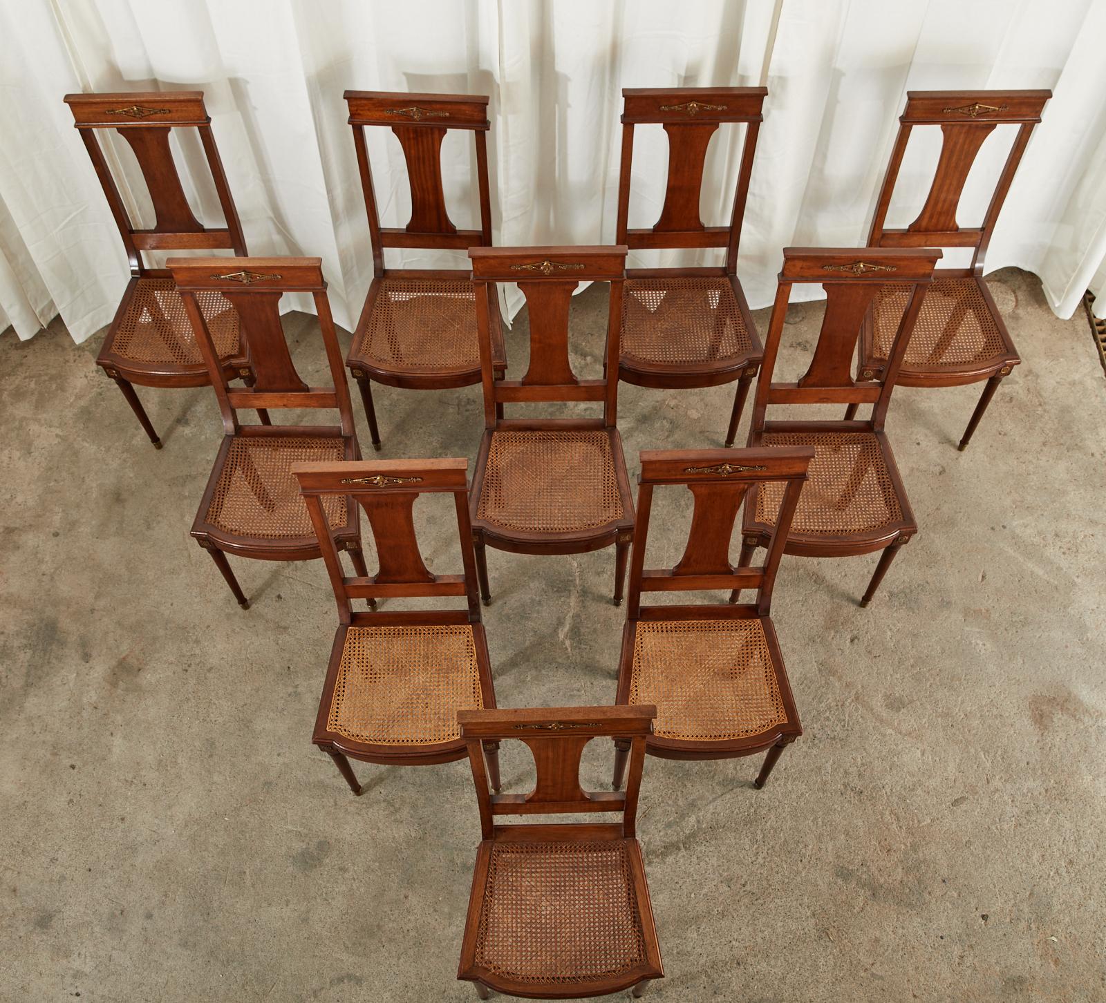 Hand-Crafted Set of Ten French Empire Mahogany Caned Dining Chairs For Sale