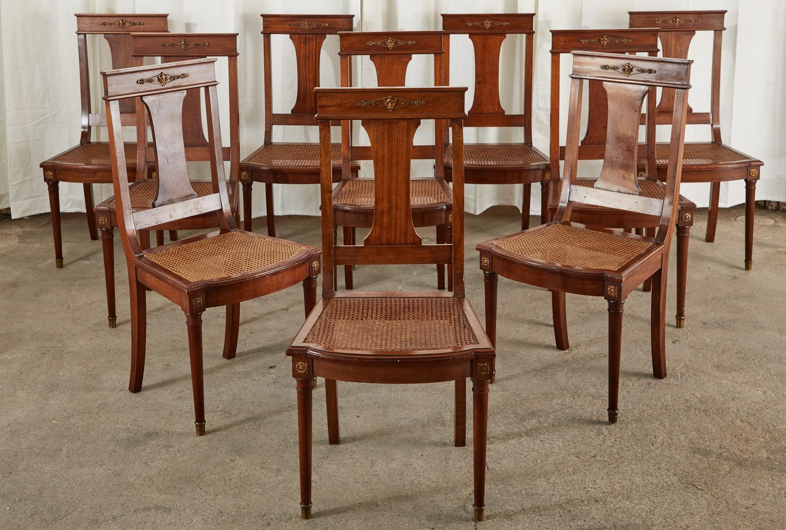 Set of Ten French Empire Mahogany Caned Dining Chairs In Good Condition For Sale In Rio Vista, CA