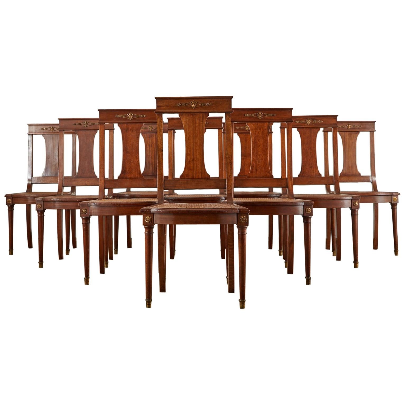 Set of Ten French Empire Mahogany Caned Dining Chairs