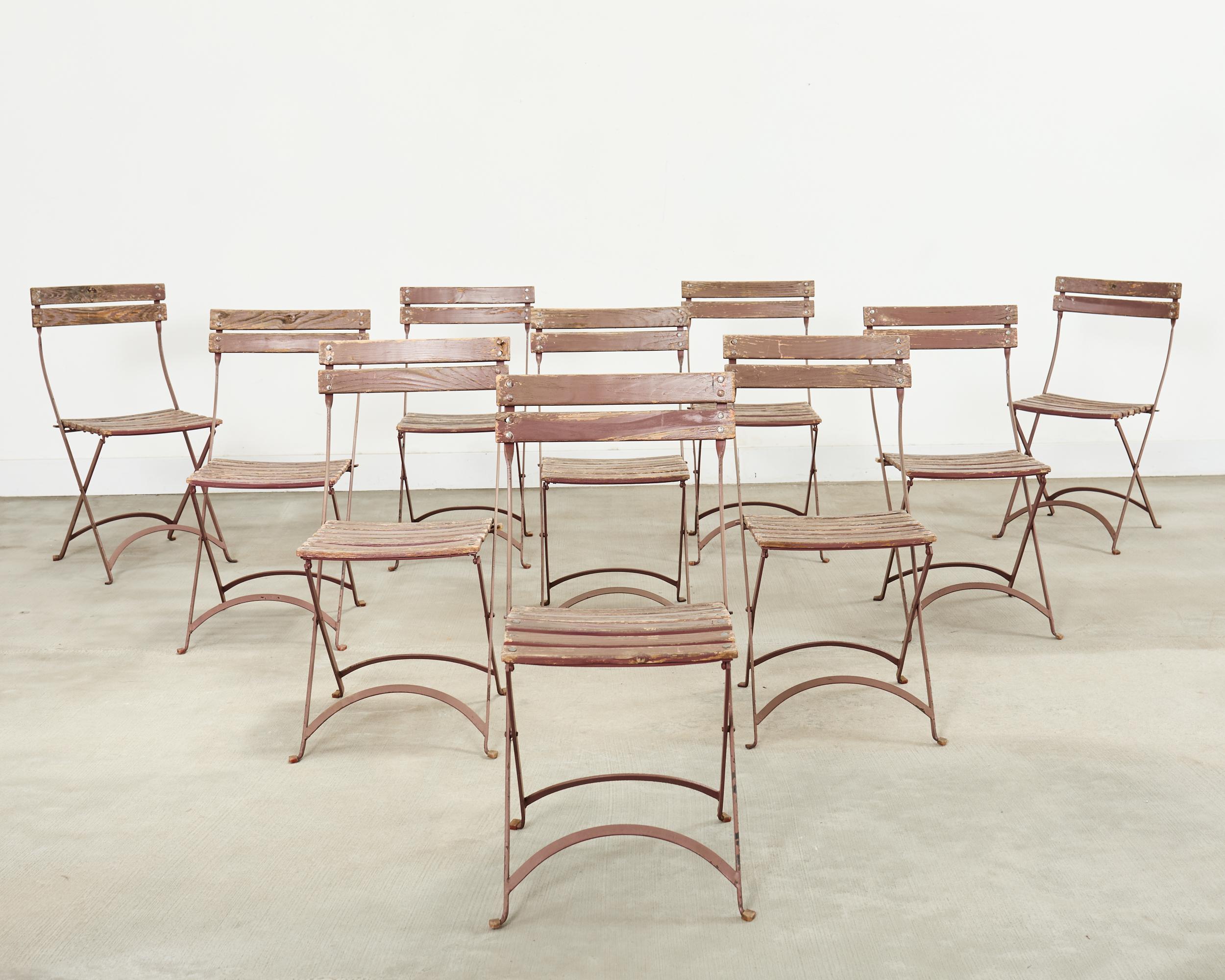 Mid-Century Modern Set of Ten French Folding Iron Bistro Dining Chairs For Sale