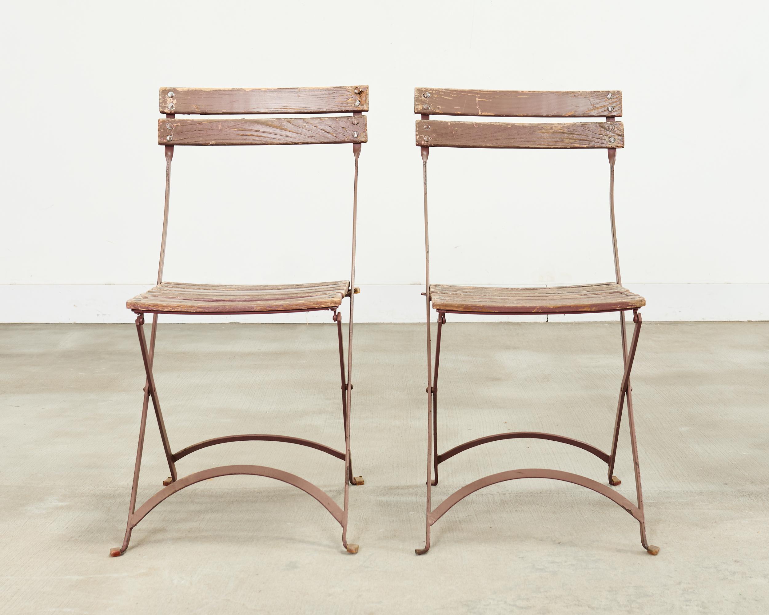 Patinated Set of Ten French Folding Iron Bistro Dining Chairs For Sale