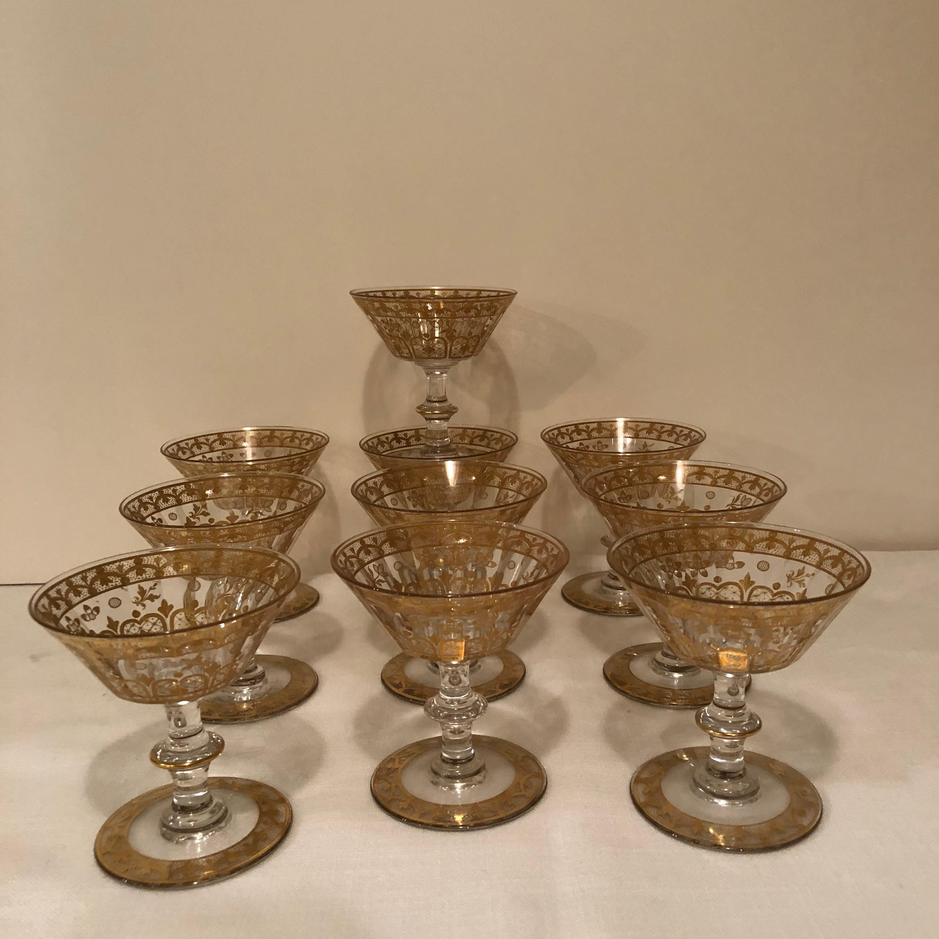 Belle Époque Set of Ten French Gilded Crystal Stunning Coupes or Champagnes with Many Facets