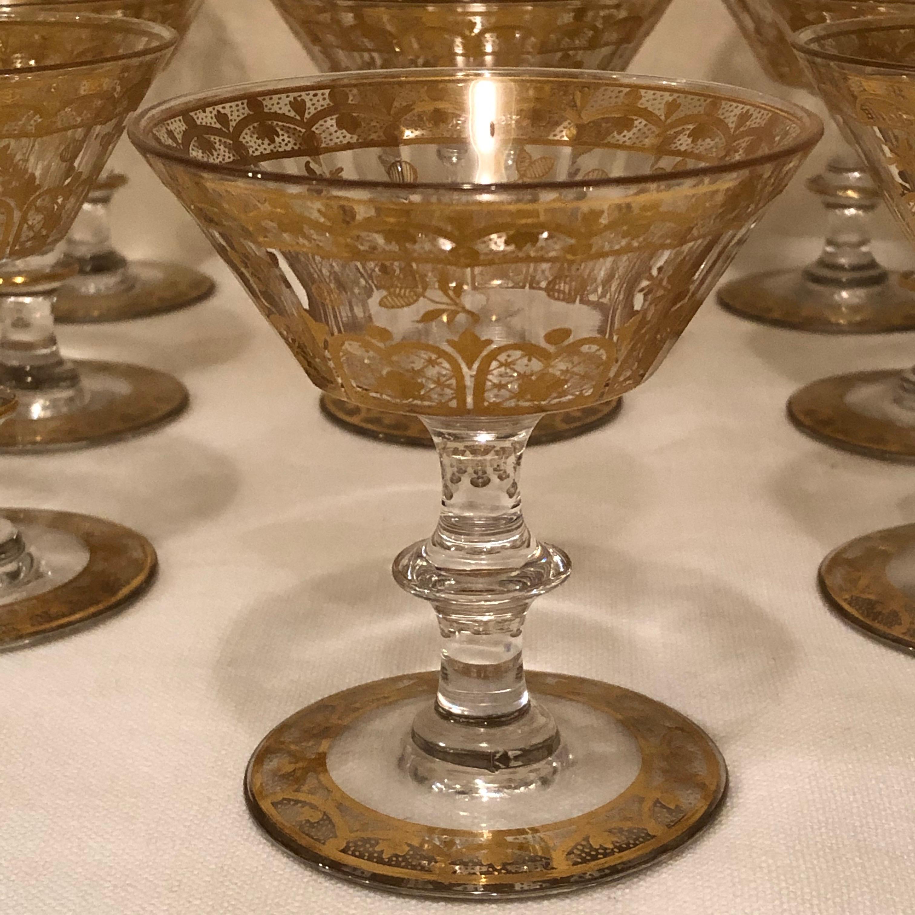Early 20th Century Set of Ten French Gilded Crystal Stunning Coupes or Champagnes with Many Facets