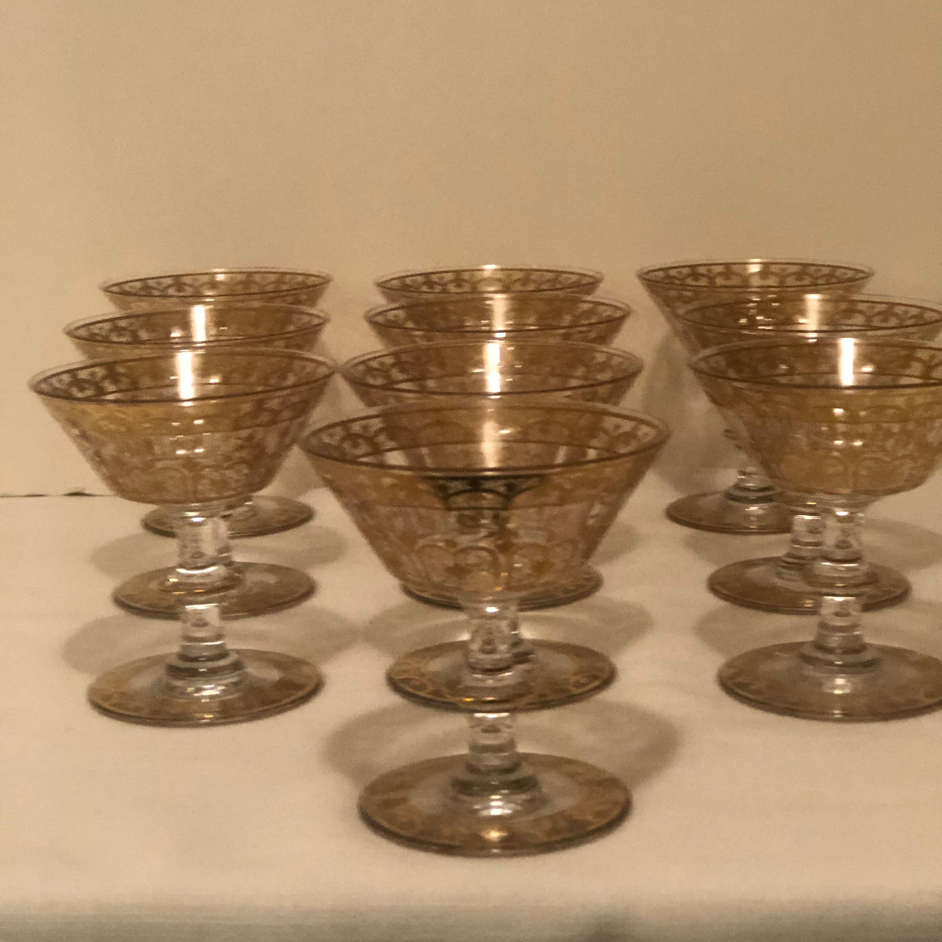 Set of Ten French Gilded Crystal Stunning Coupes or Champagnes with Many Facets 1