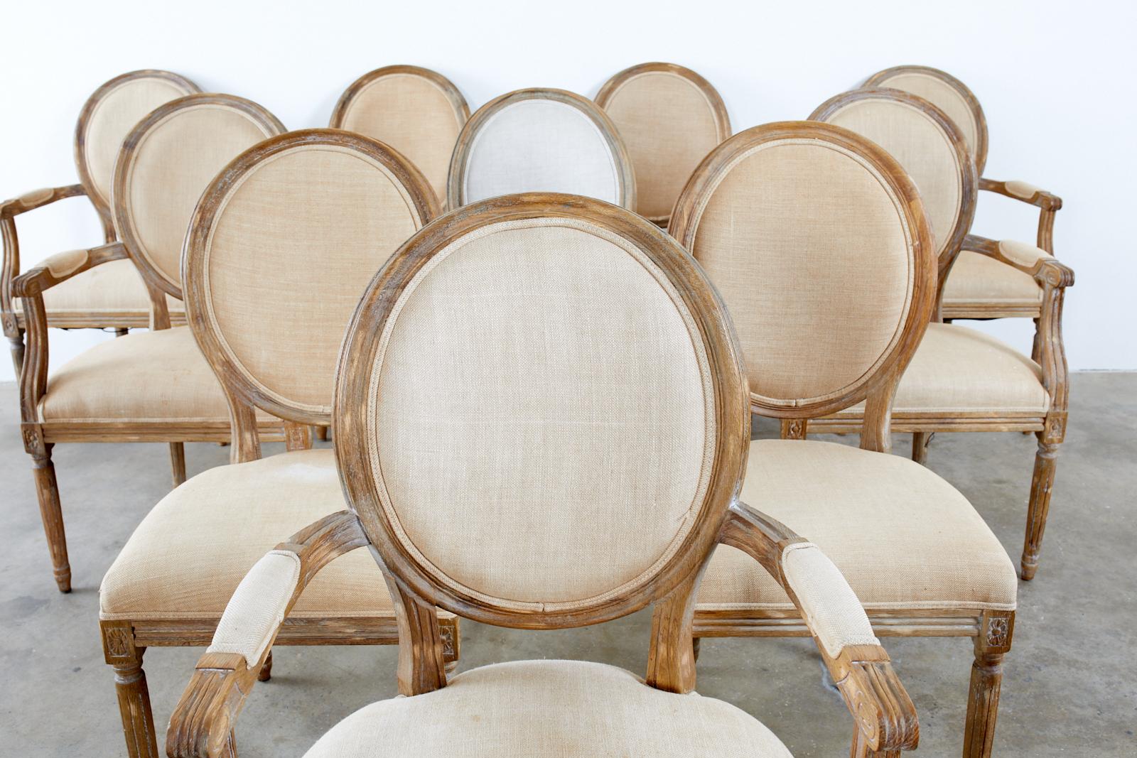 Hand-Crafted Set of Ten French Louis XVI Style Oak Dining Chairs