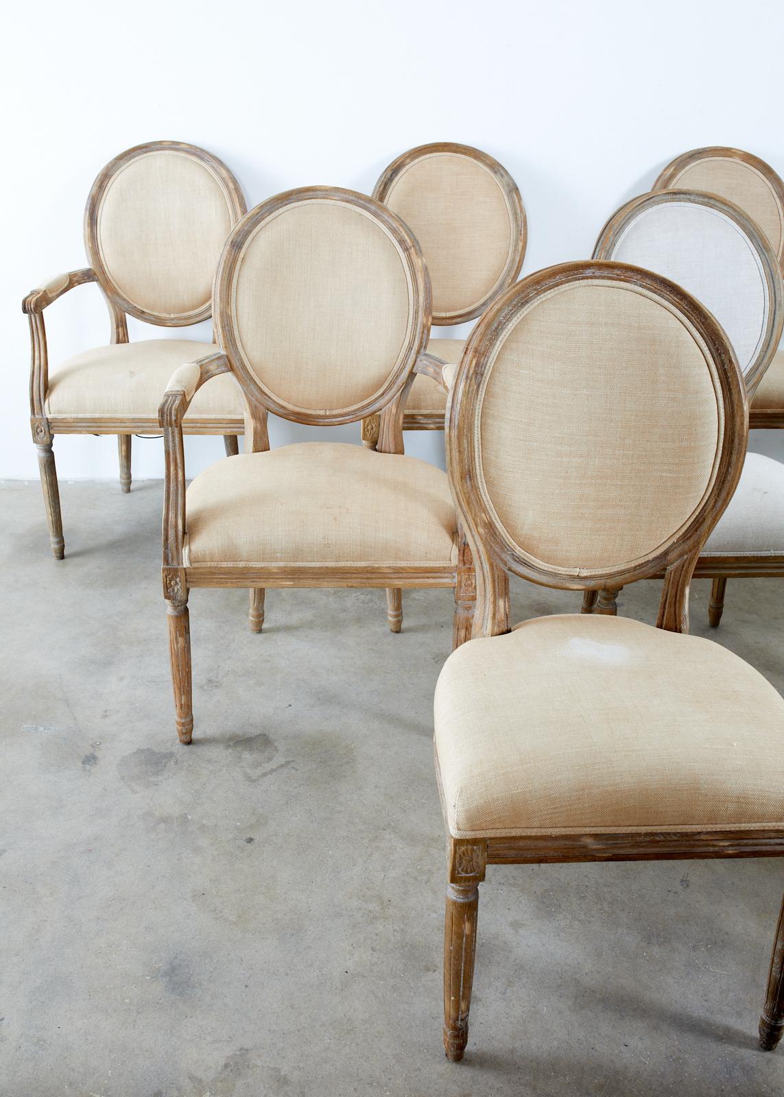Set of Ten French Louis XVI Style Oak Dining Chairs In Distressed Condition In Rio Vista, CA