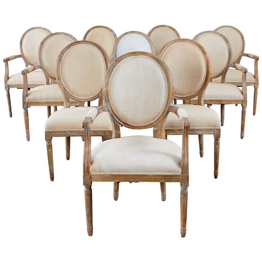 Set of Ten French Louis XVI Style Oak Dining Chairs