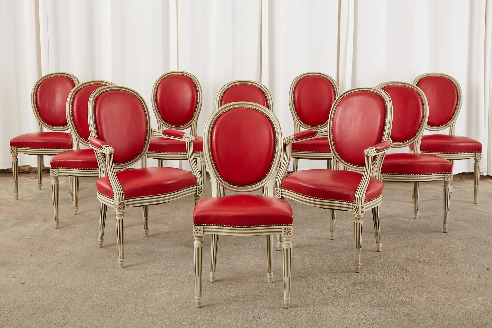 Set of Ten French Louis XVI Style Painted Dining Chairs In Good Condition In Rio Vista, CA