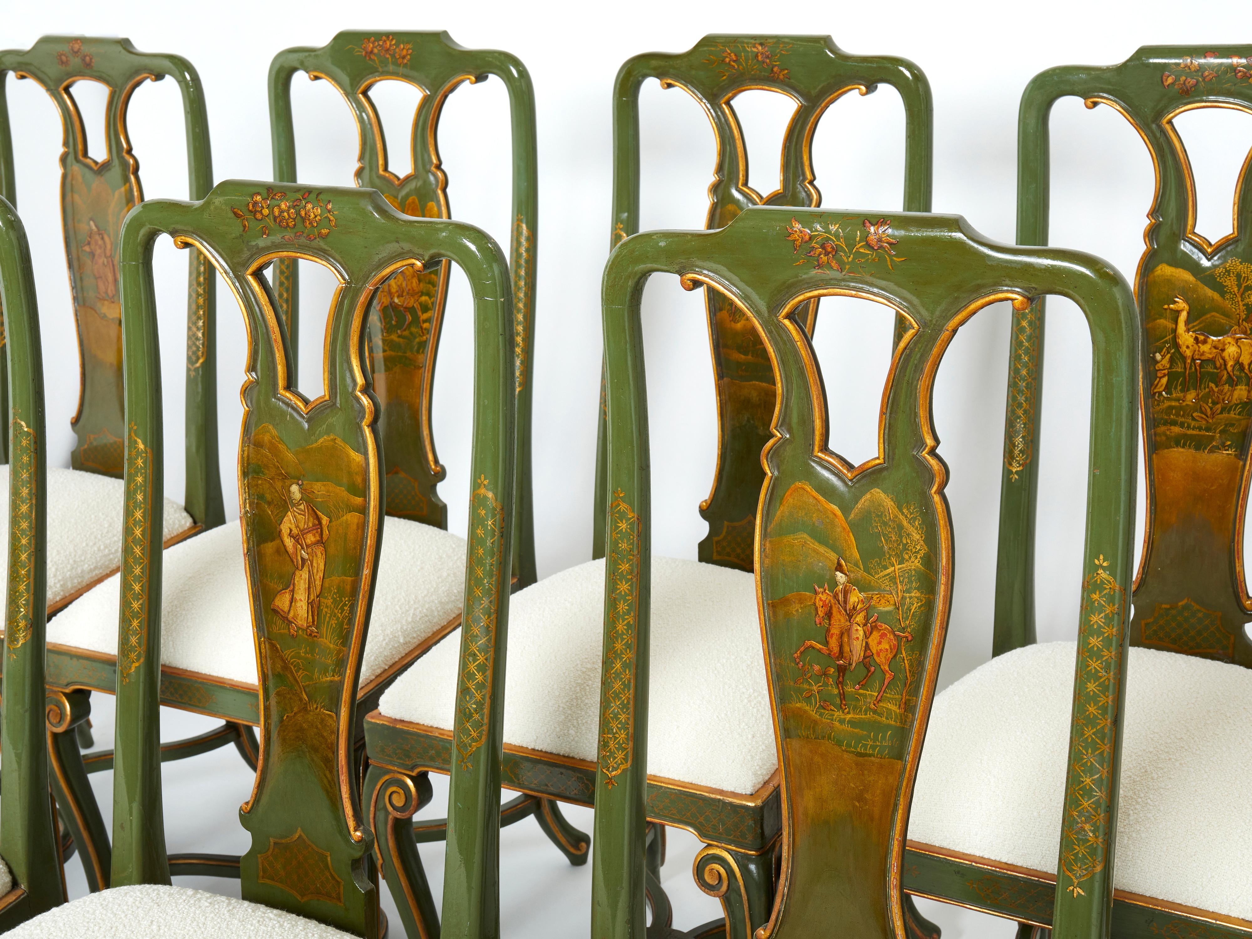 Unique set of ten green lacquered dining chairs made by Maison Jansen in the 1940s from the chinoiserie revival period of the early 20th century. The English Queen Anne style chairs were crafted with hardwood frames with Japanned finish. Decorated