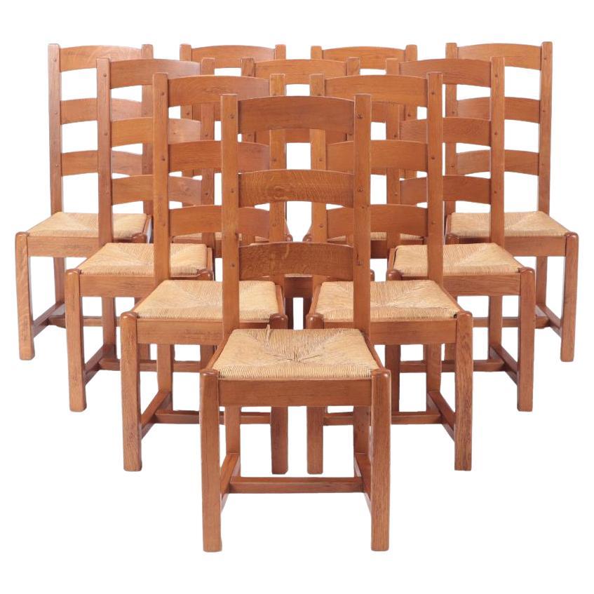 Set of Ten French Oak Ladder Back Chairs with Rush Seats, C 1960