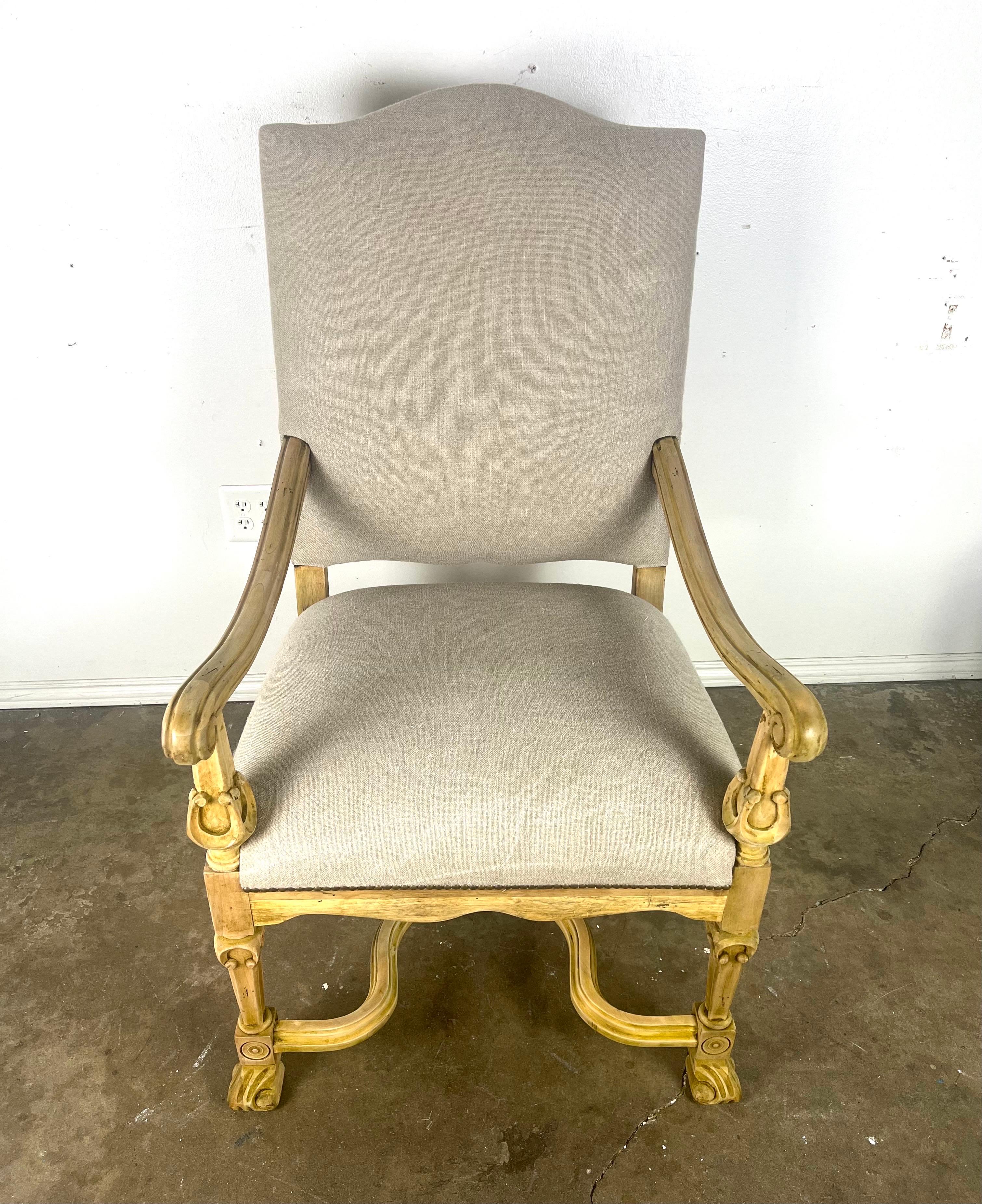 Set of Ten French Provincial Linen Upholstered Dining Chairs In Distressed Condition For Sale In Los Angeles, CA