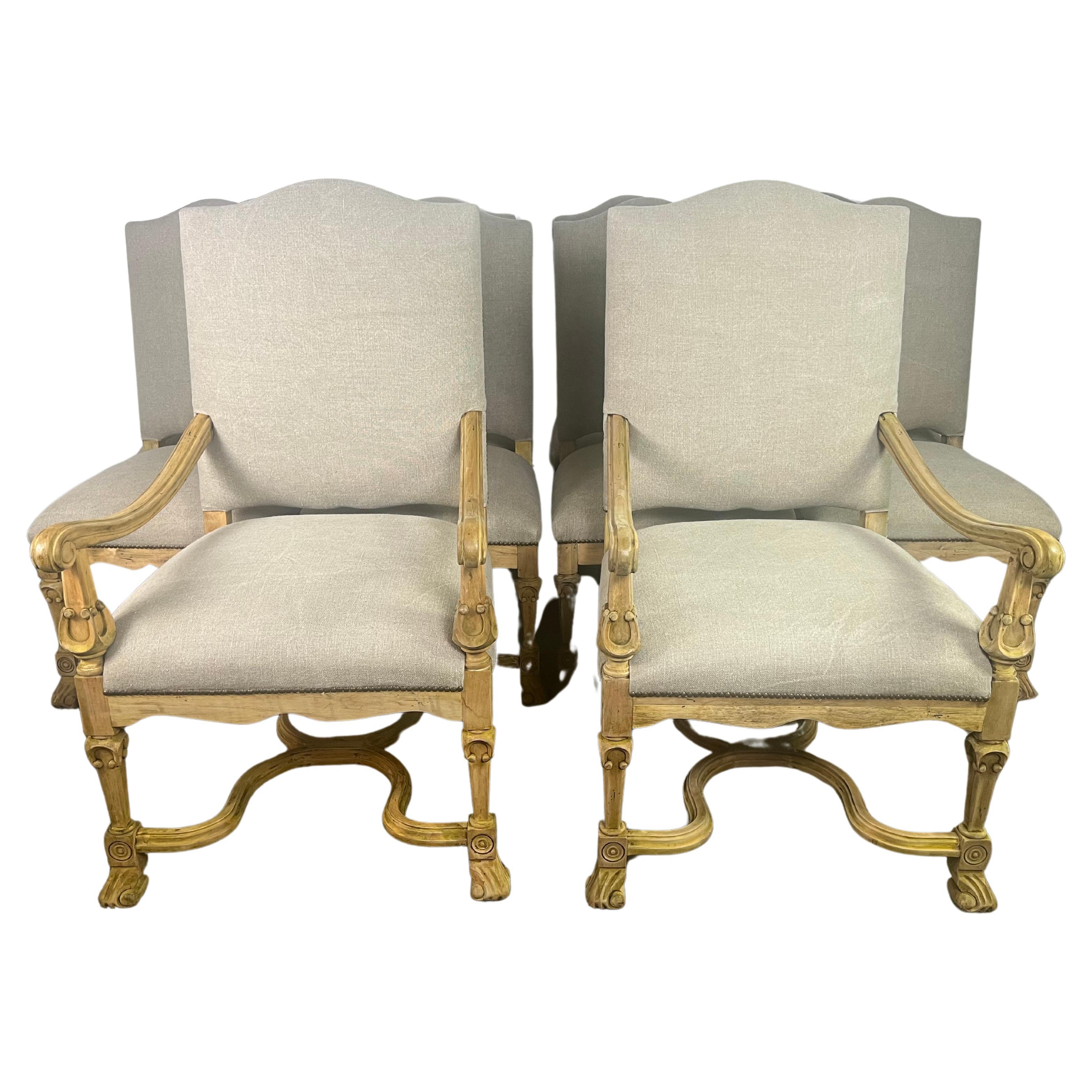 Set of Ten French Provincial Linen Upholstered Dining Chairs For Sale