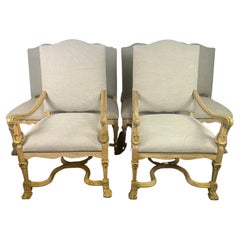 Vintage Set of Ten French Provincial Linen Upholstered Dining Chairs