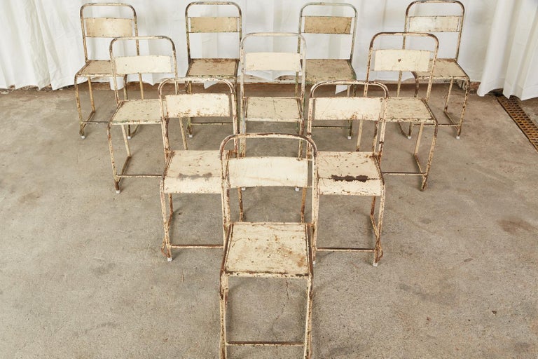 Industrial Set of Ten French Stackable Metal Bistro Cafe Chairs For Sale