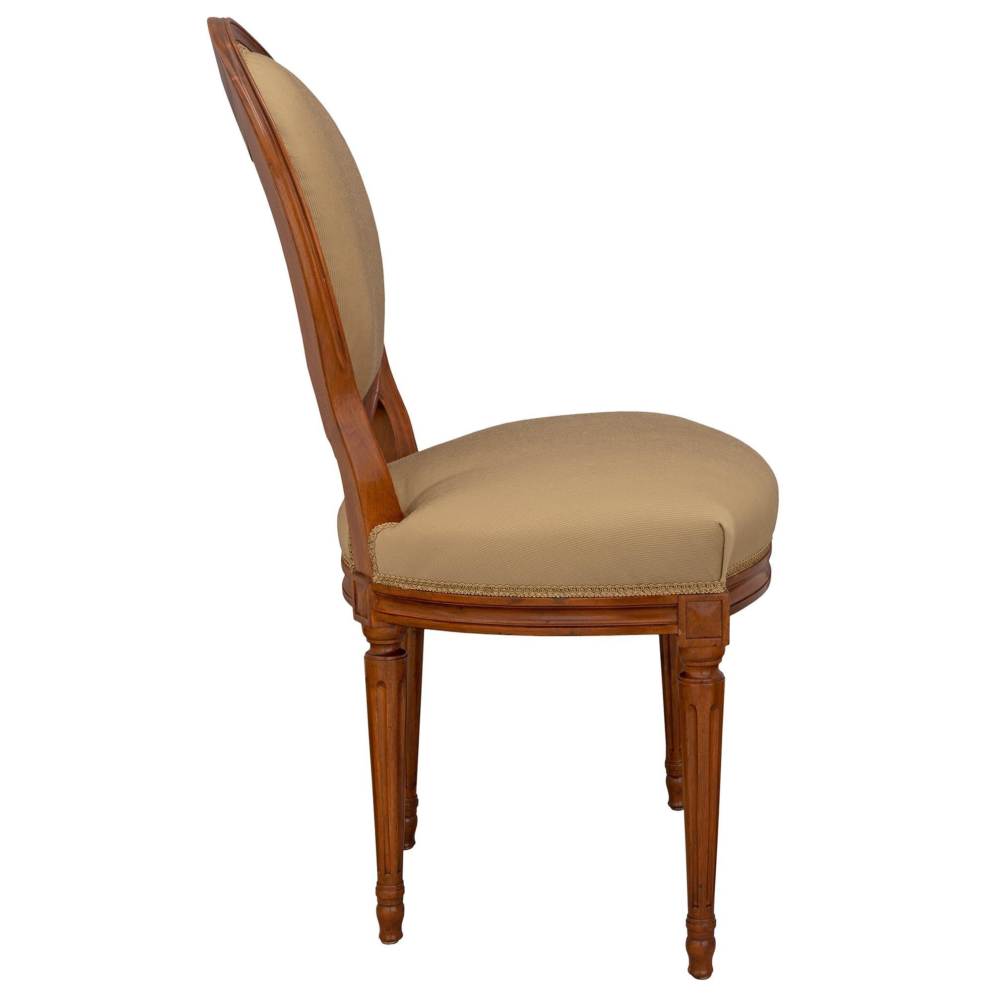 20th Century Set of Ten French Turn of the Century Louis XVI Style Solid Walnut Dining Chair For Sale