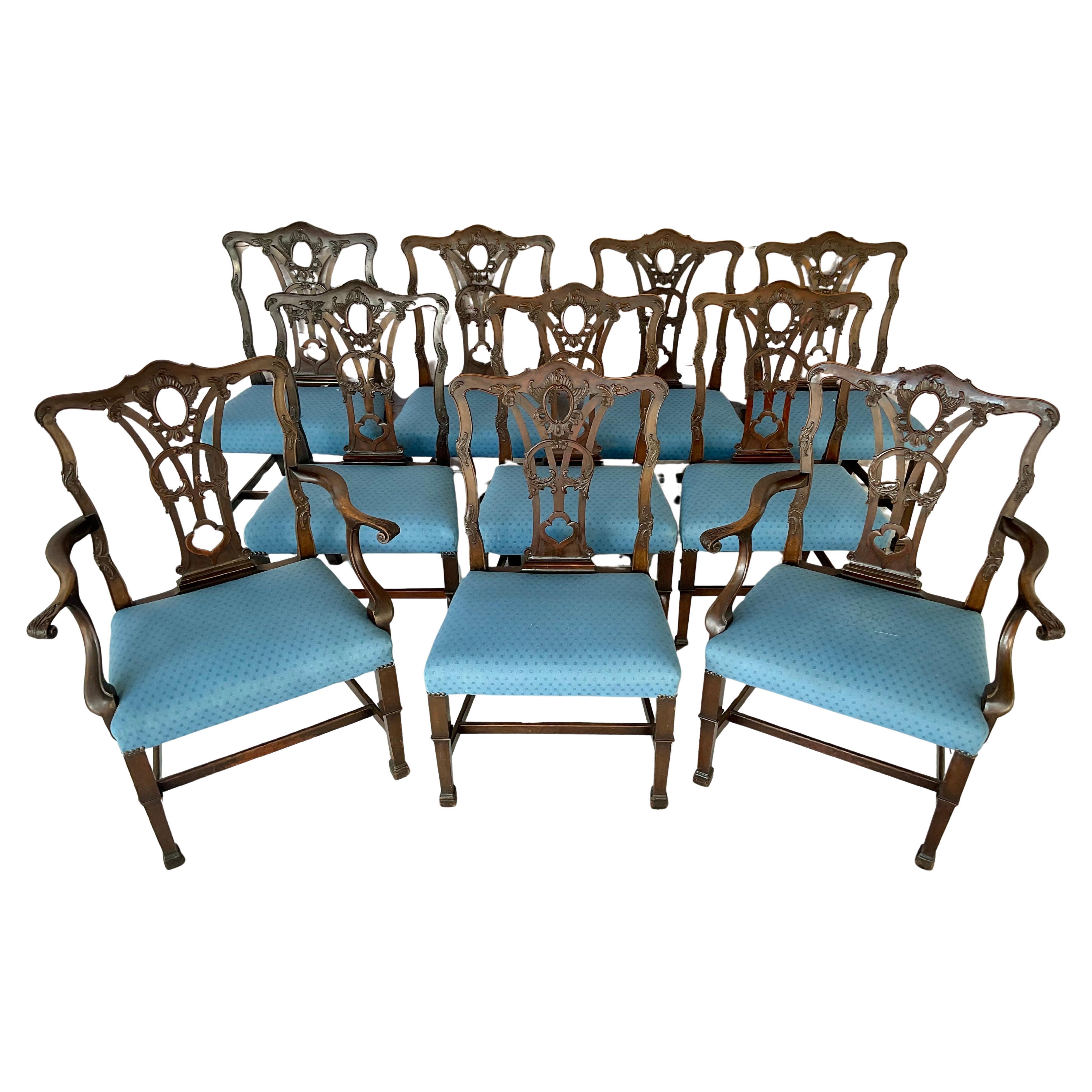 Georgian Set of Ten George III Style Chippendale Dining Chairs For Sale